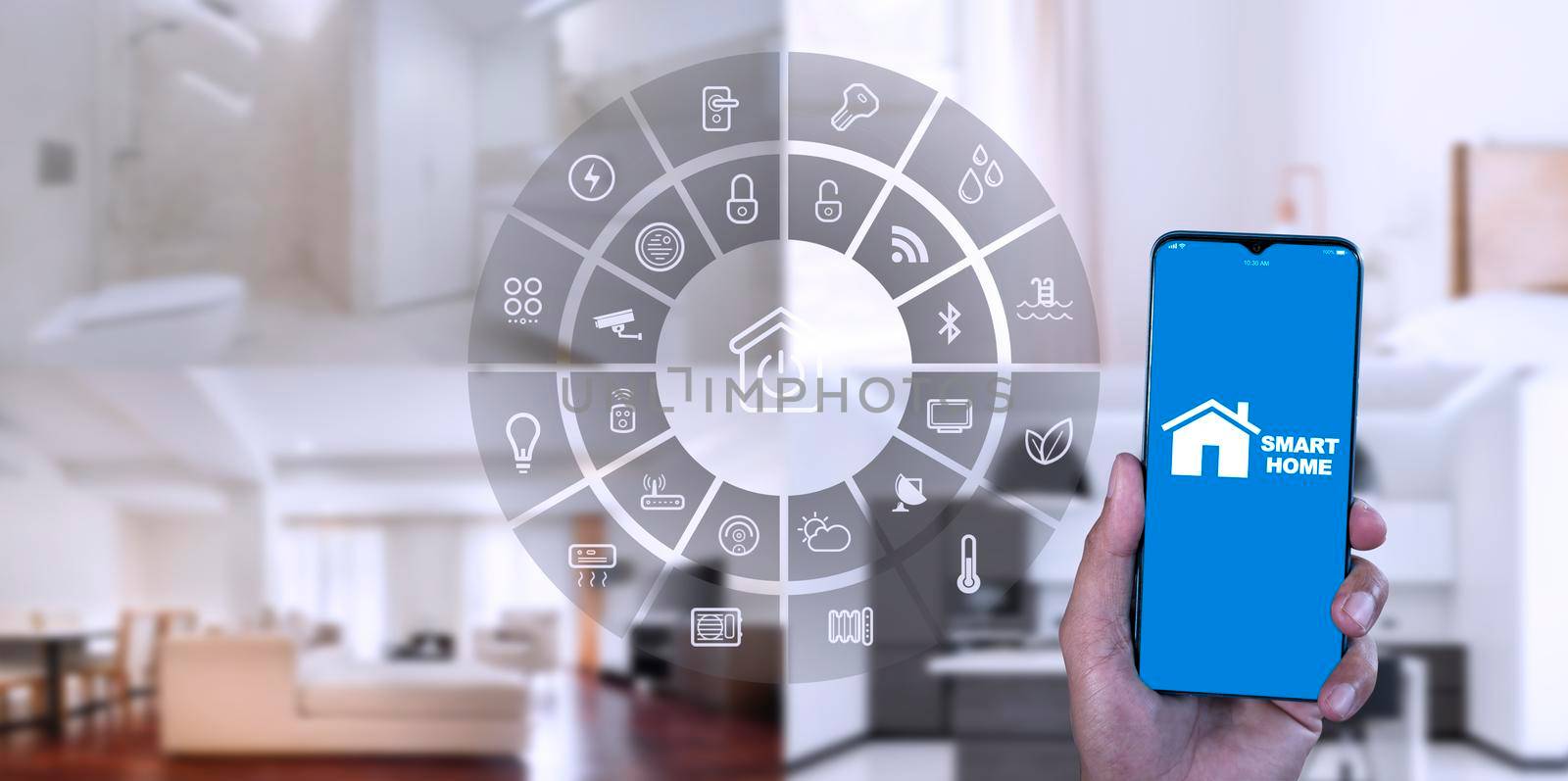 Man hand show smartphone smarth home GUI control every room in house. Hand use smart screen smart home automation assistant on a virtual screen and a user touching a button