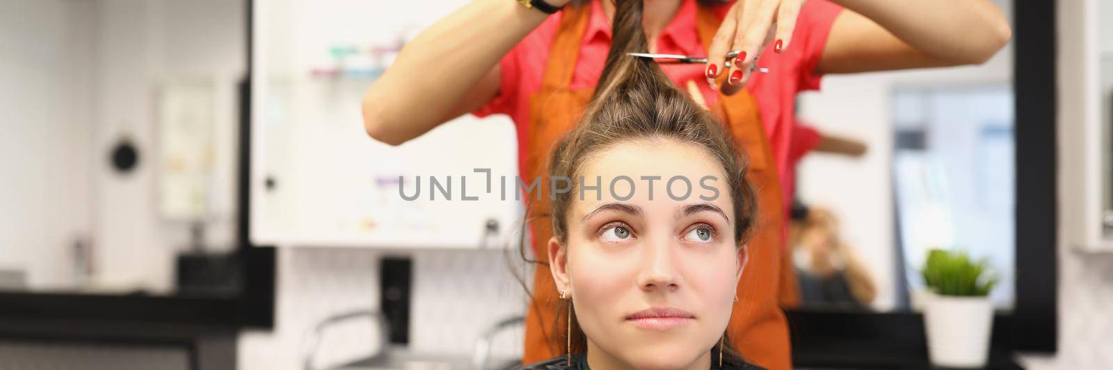 Portrait of professional hairdresser holding lock of hair and cutting with scissors tool. Female client sit in masters chair. Beauty salon, barber concept