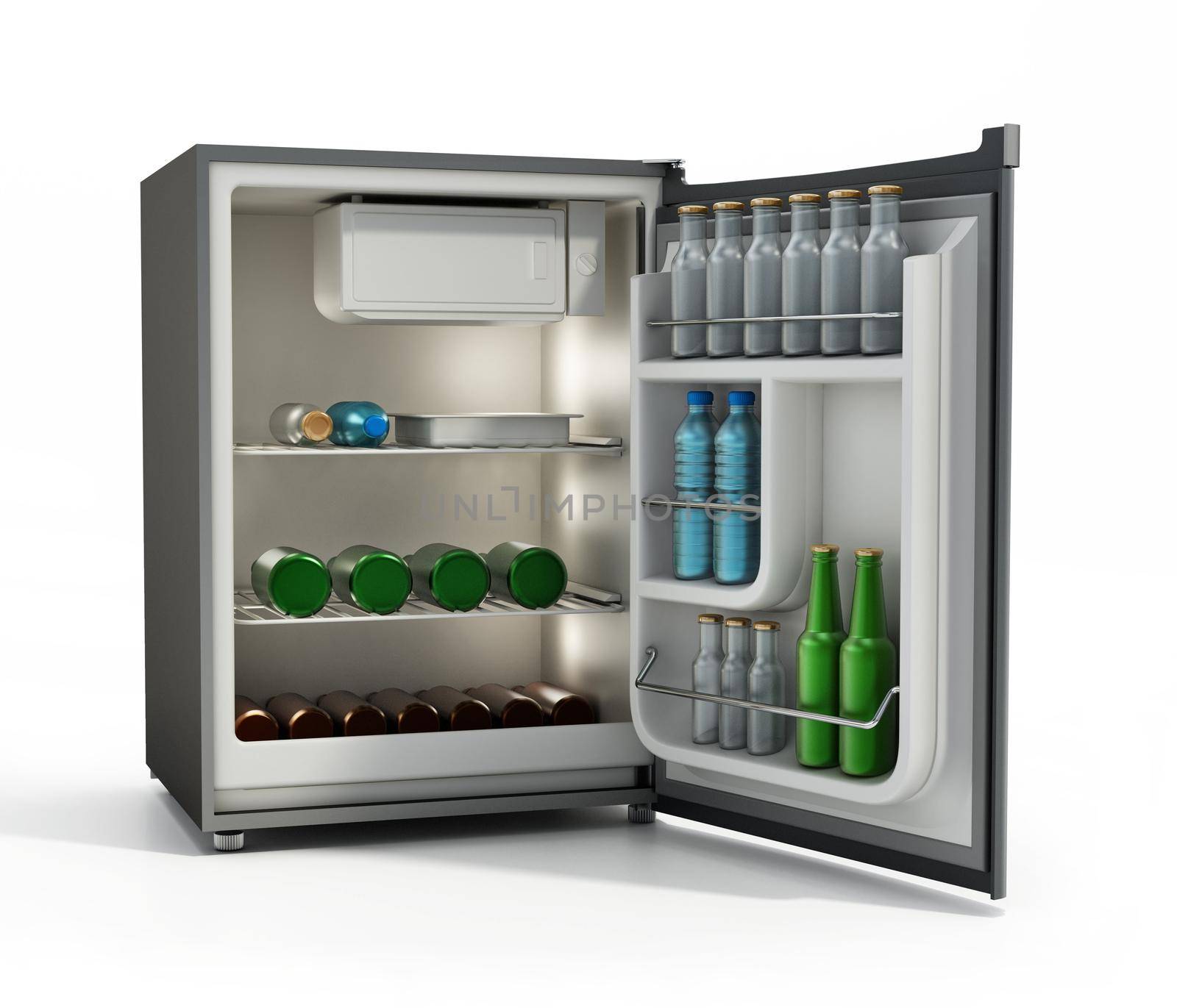 Mini refrigerator full of beverages isolated on white background. 3D illustration by Simsek