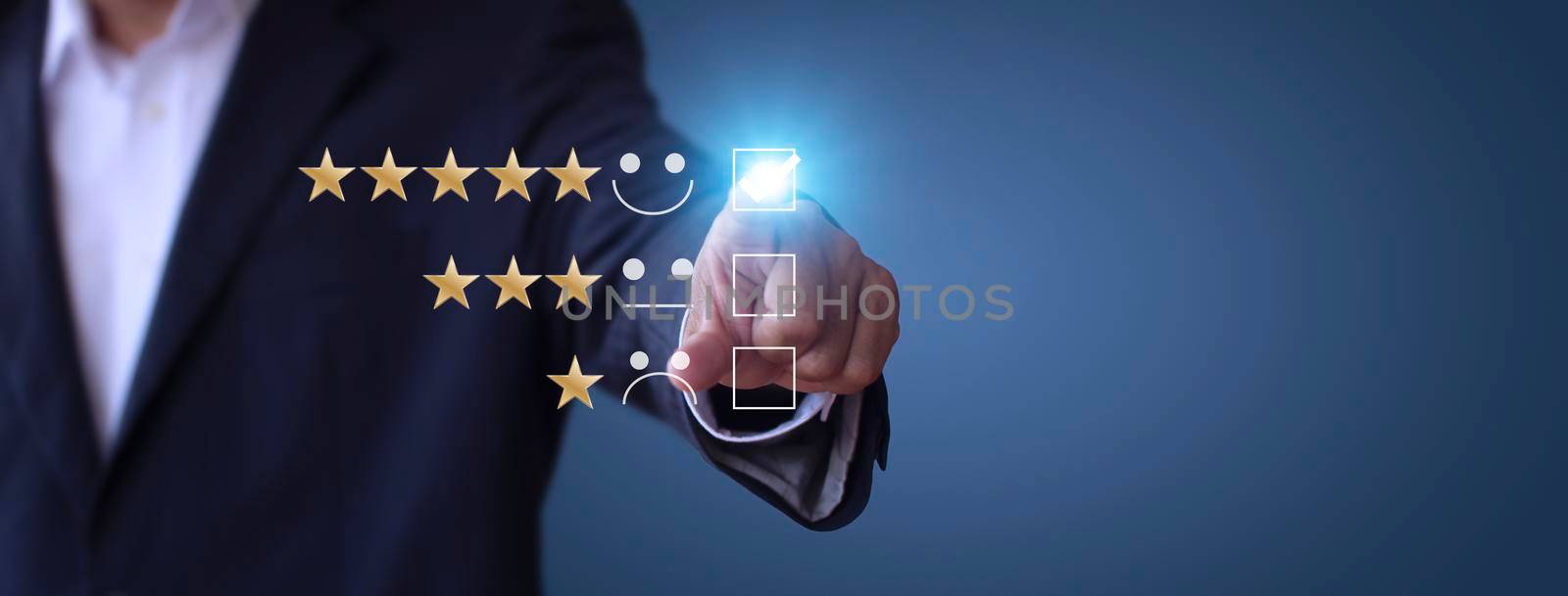 Businessman touching the virtual screen check mark joyful Smile face icon to give happiness in service. Customer service and satisfaction concept. Very impressed with the rating. With copy space banner