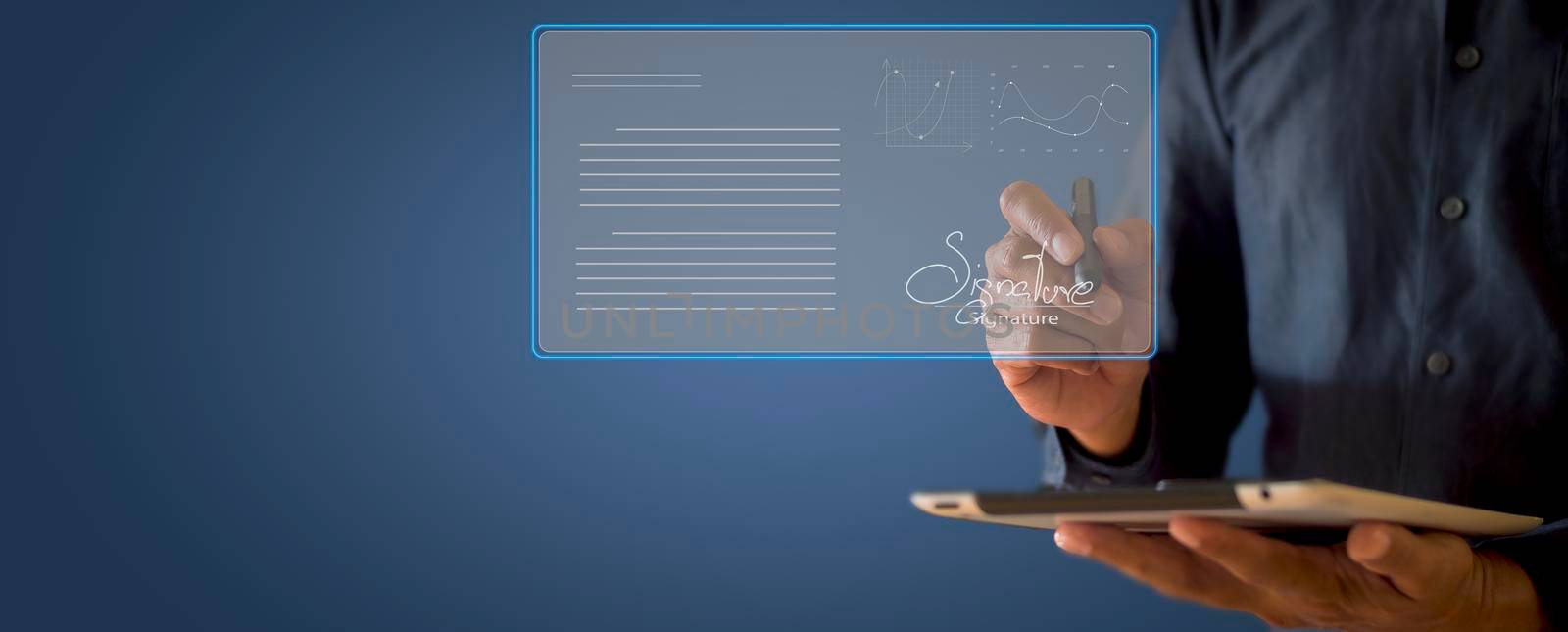 businessman use electronic pen sign signature on electronic  E-signing, data sheet document management, paperless office concept. Businessman using stylus pen signing e document on digital tablet.