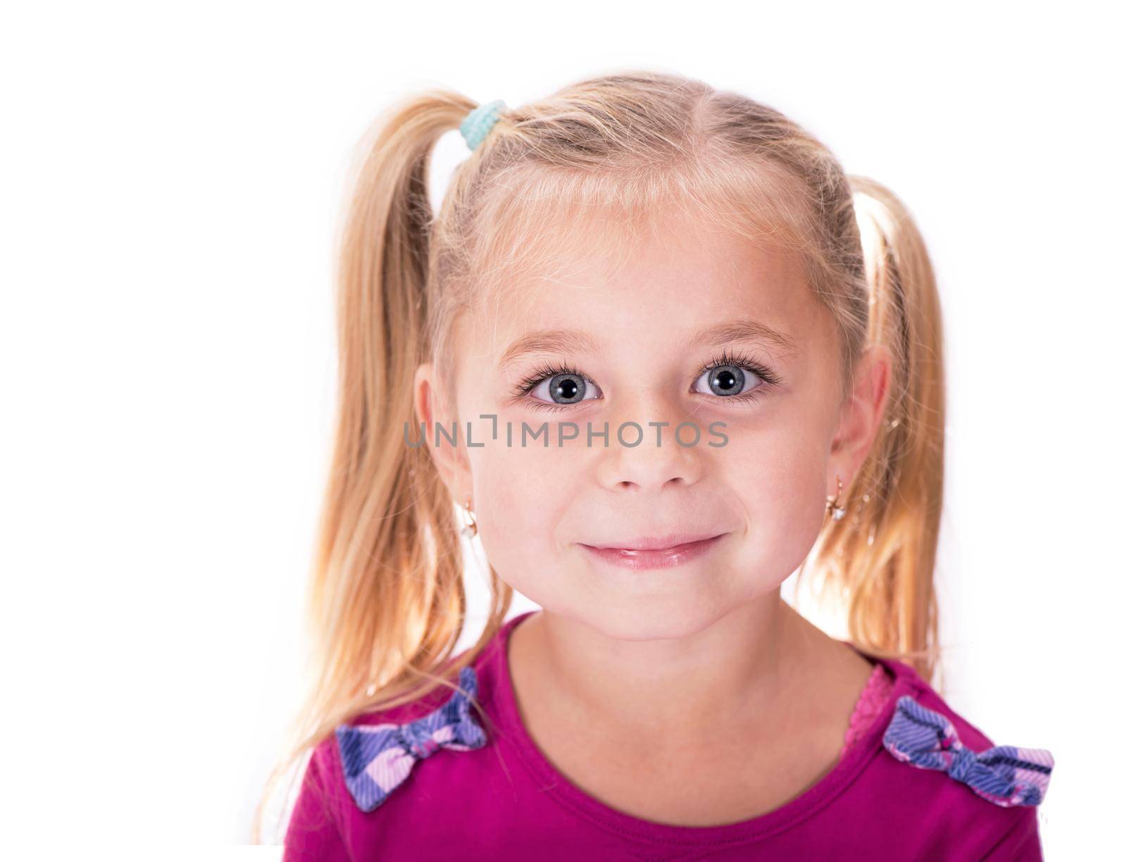 Concept happy and beauty kid . Portrait of a happy smiling child girl on a white background by aprilphoto