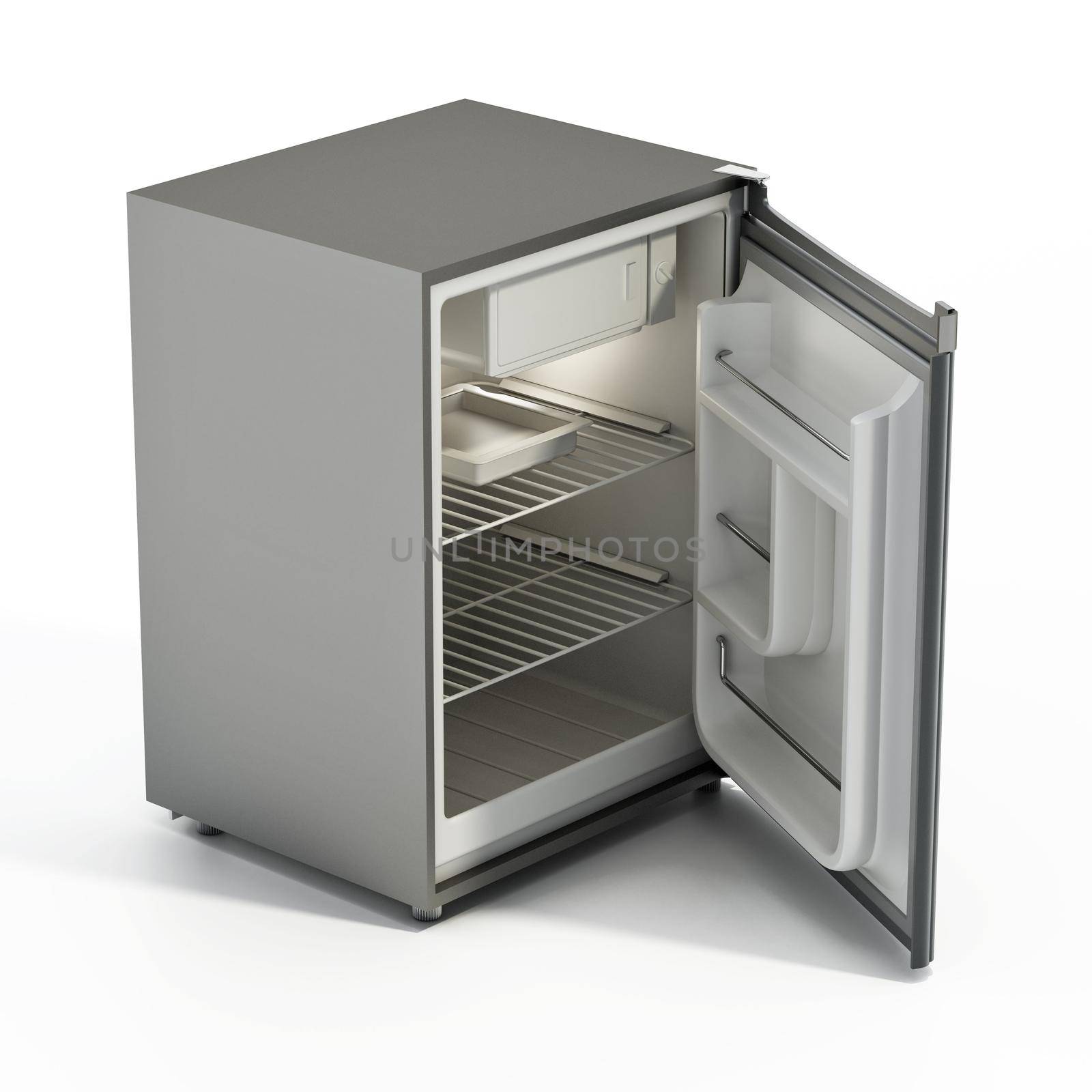 Mini refrigerator isolated on white background. 3D illustration by Simsek