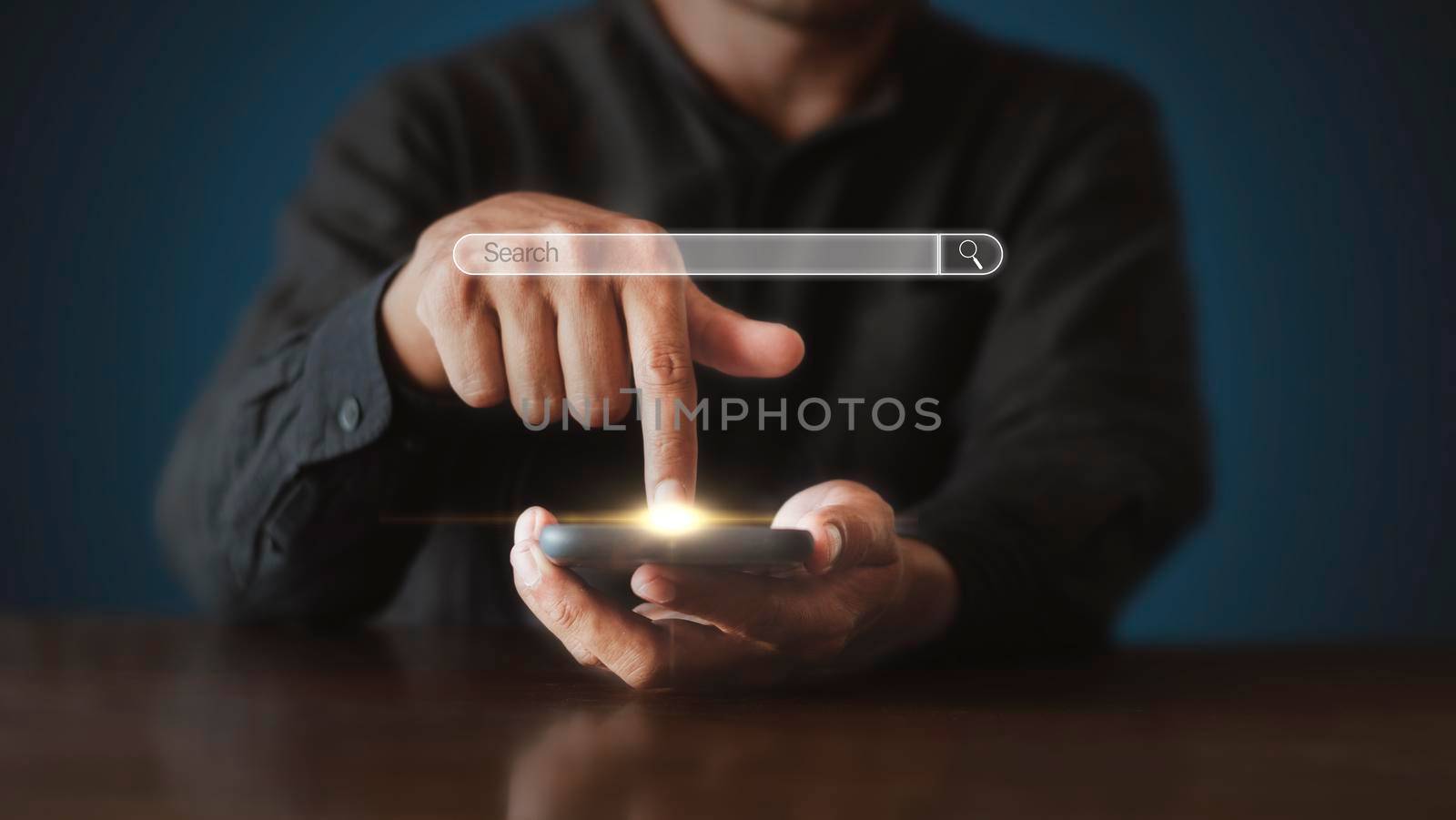 Hand man using mobile phone with search bar connect to social media, social network Online marketing concept Man hand holding smartphone with search bar Lifestyle business concept copy space banner