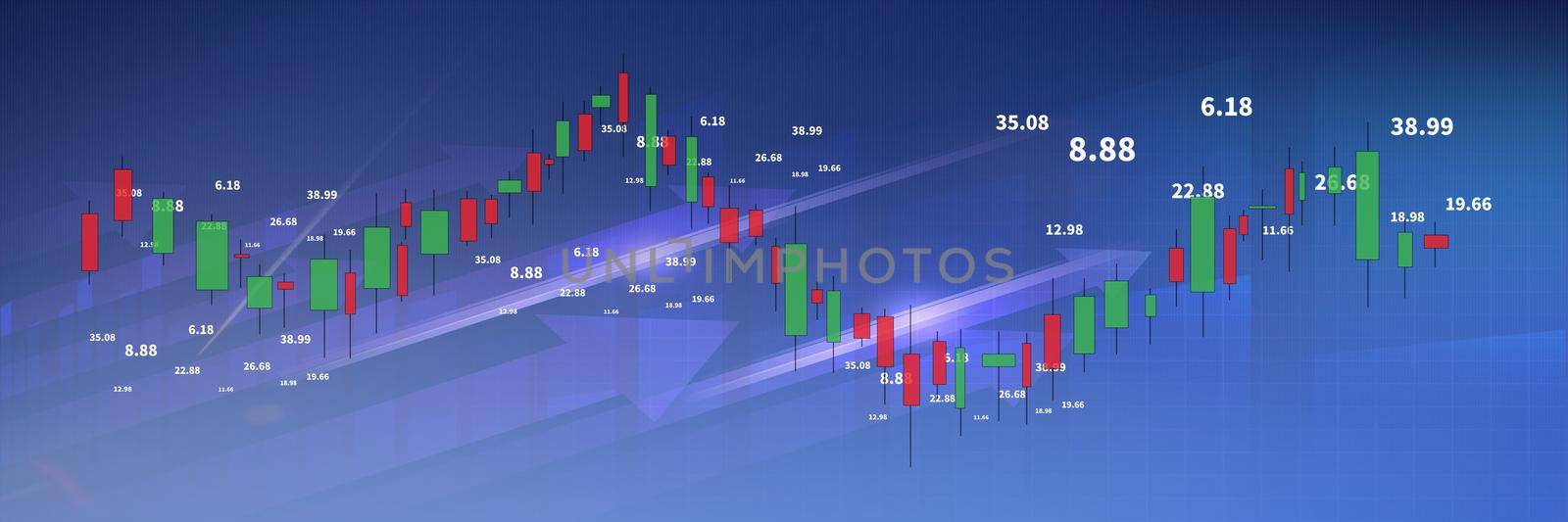 Stock market business candle stick graph chart investment trading on blue background. Graph bullish point up trend. Economy financial design banner