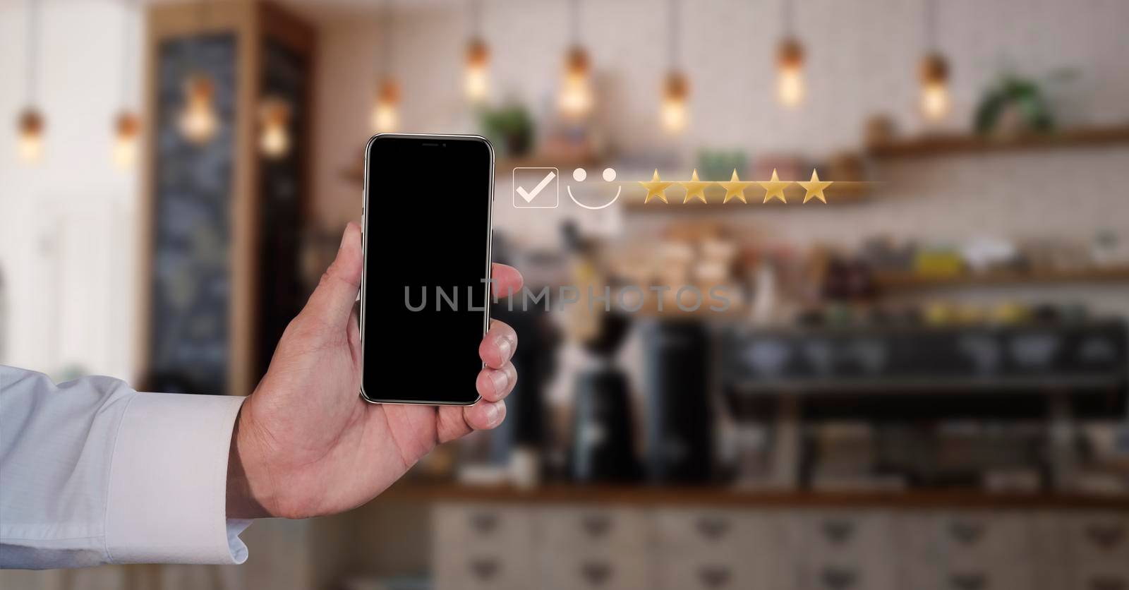 Businessman use the virtual screen check mark joyful Smile face icon to give happiness in service. Customer service and satisfaction concept. Very impressed with the rating.