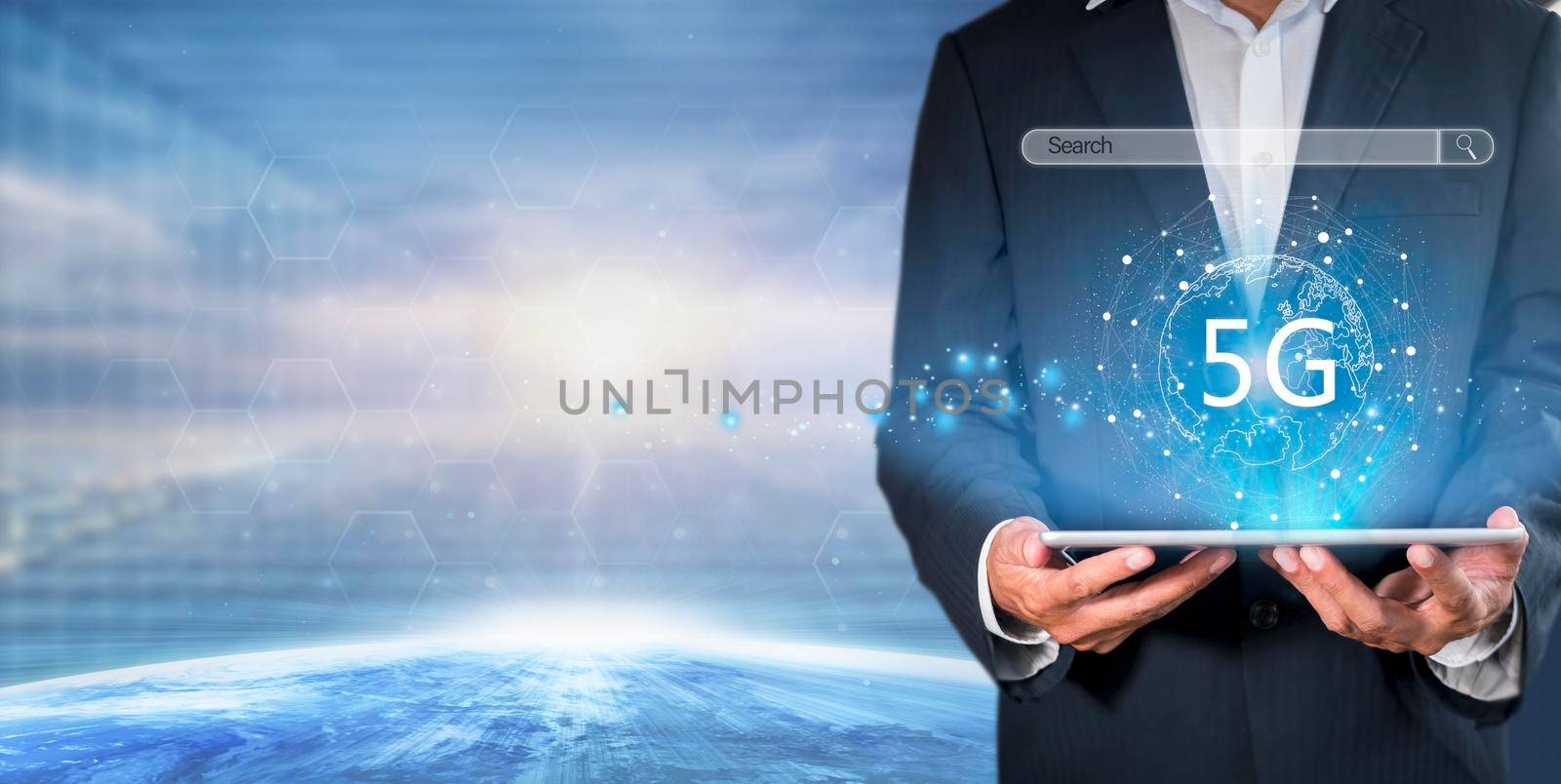Hand of business man hold tablet connect network 5G with icon concept, technology network wireless systems and internet of things, new technologies coming up in the future. Network connection 5G