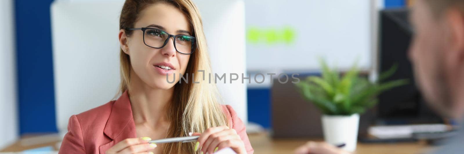 Portrait of workers meeting in office to discuss working moment in team. Lady in suit express idea to colleague. Business, creative, strategy, plan concept