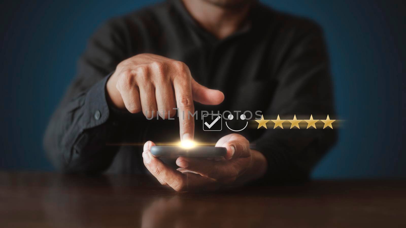 Businessman touching the virtual screen check mark joyful Smile face icon to give happiness in service. Customer service and satisfaction concept. Very impressed with the rating.