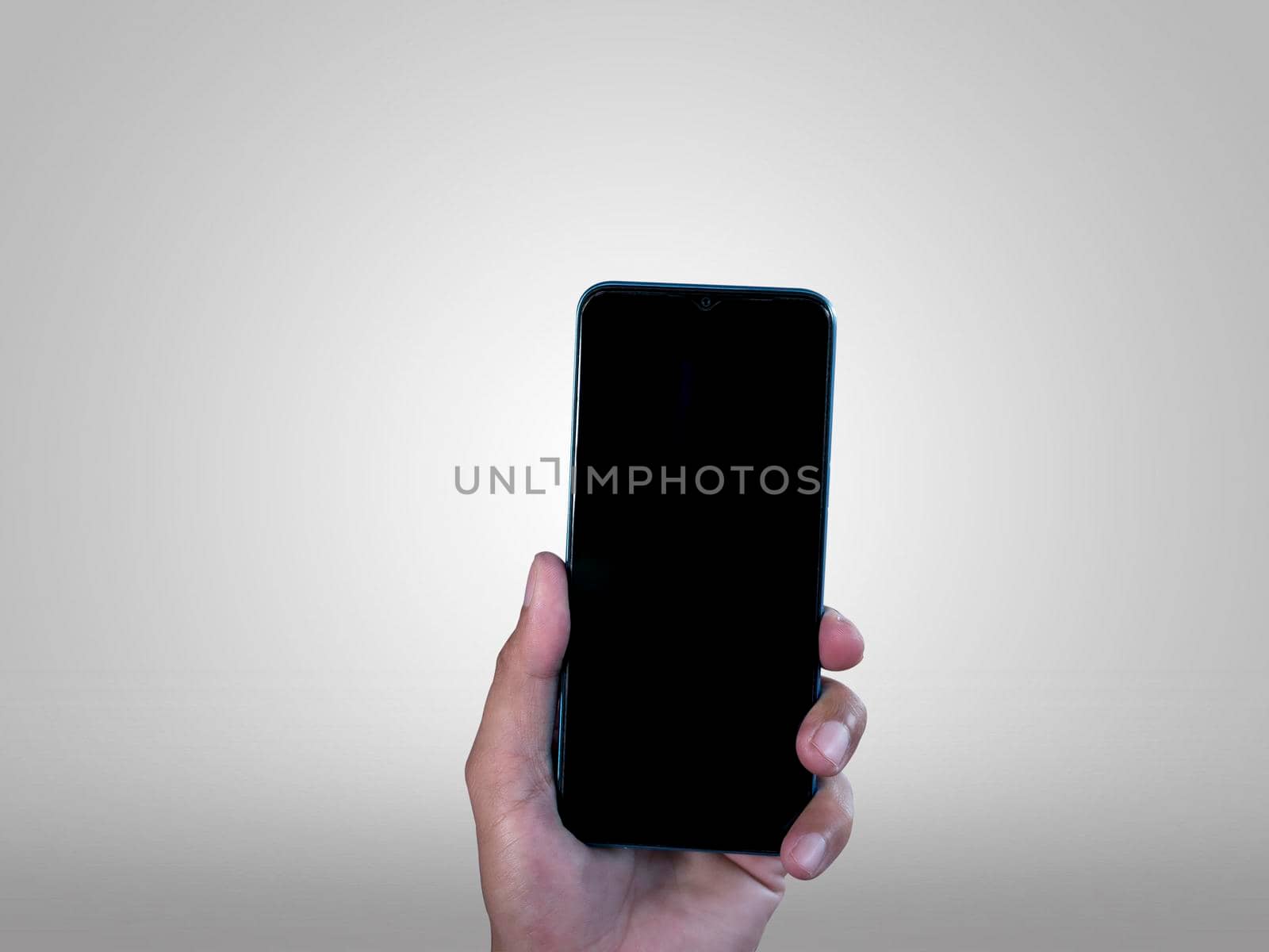 Hand businessman showing smartphone with blank screen, isolated on white background, copy space clipping path