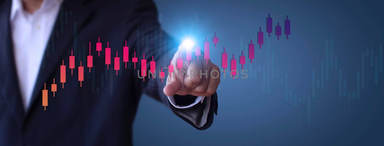 Businessman show stock market bar chart grow up to target. Business finance concept. Businessman's hands Show success graph, stocks grow every year  With copy space banner