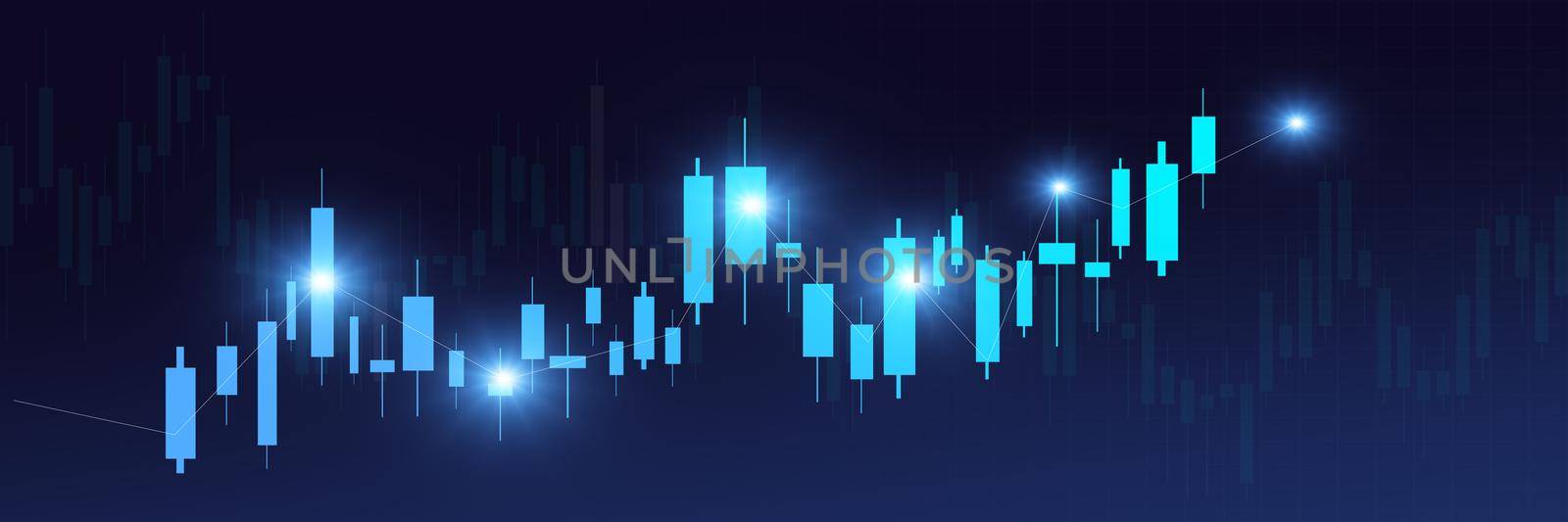 Stock market business candle stick graph chart investment trading on blue background. Graph bullish point up trend. Economy financial design banner