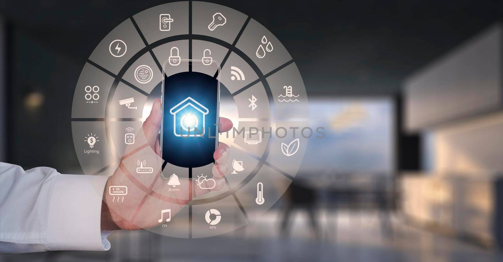 Man hand show smartphone smarth home GUI control every room in house. Hand use smart screen smart home automation assistant on a virtual screen and a user touching a button