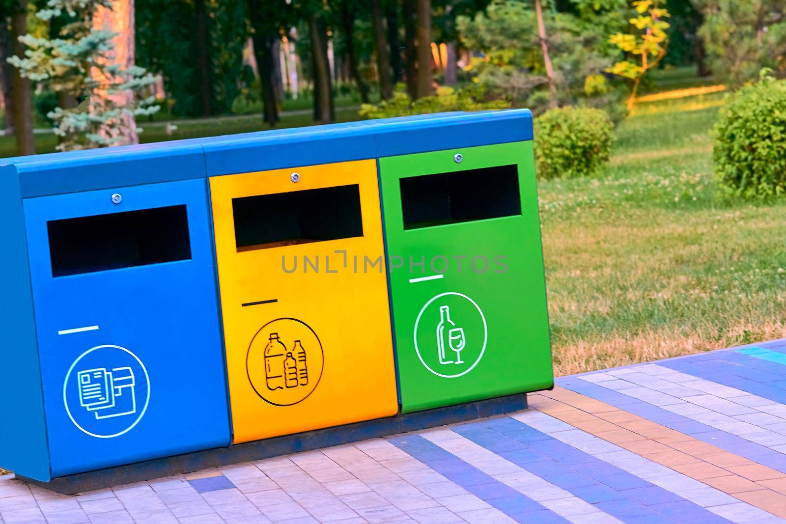 the branch of biology that deals with the relations of organisms to one another and to their physical surroundings. Ecology. Separate waste containers for plastic, paper and glass in a summer park.