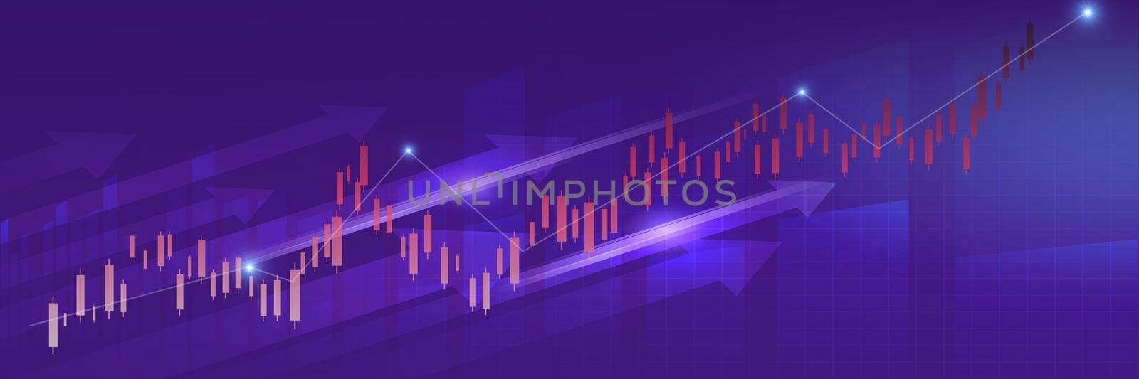 Stock market business candle stick graph chart investment trading on blue background. Graph bullish point up trend. Economy financial design banner
