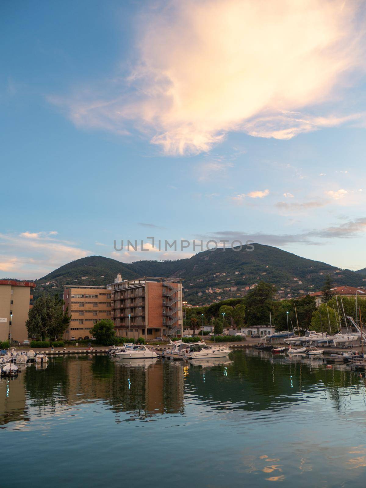La Spezia, Italy - 9th july 2022 marina and city panorama at sunset in summertime by verbano