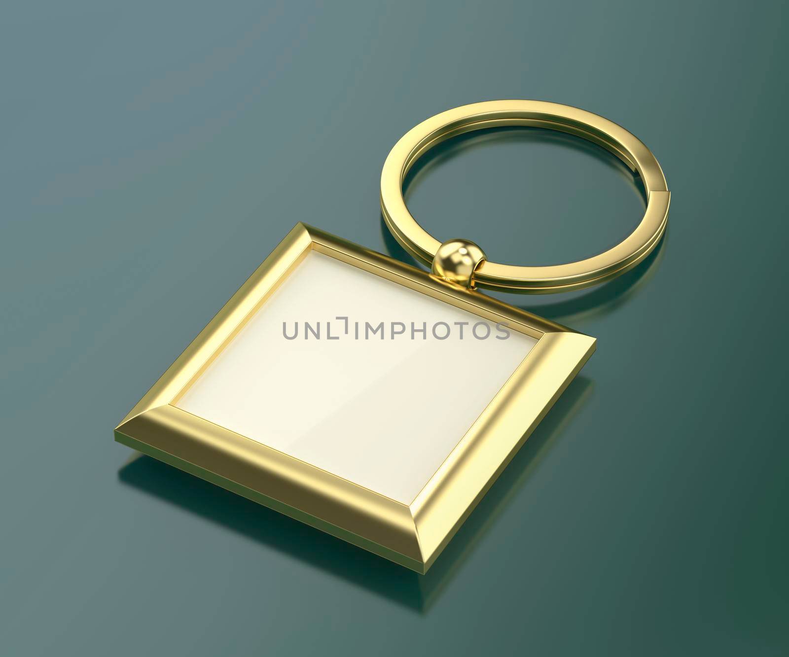 Square gold keychain on shiny green background