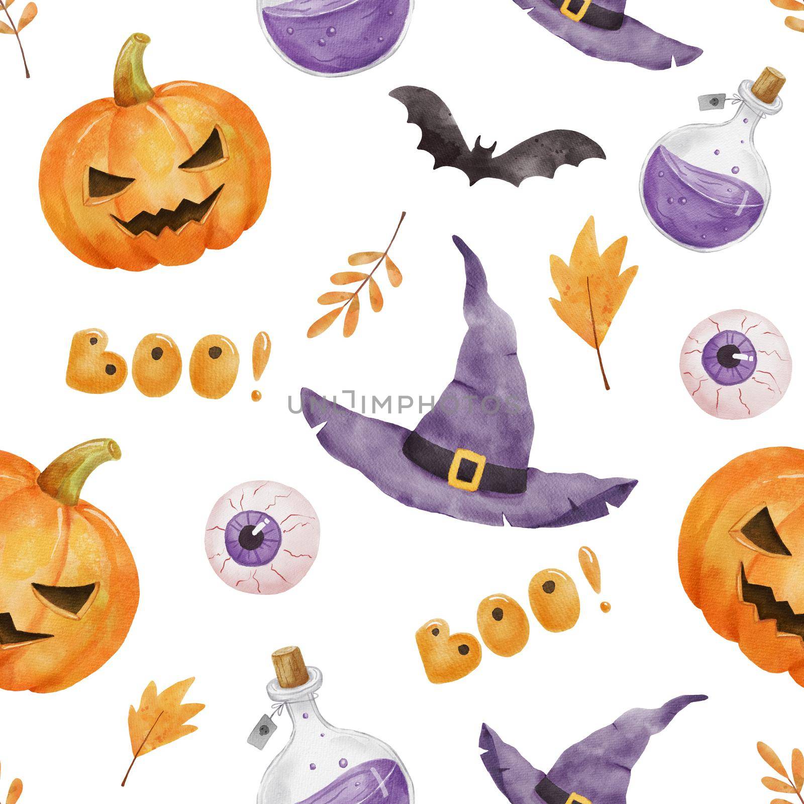 Seamless pattern for Halloween party. Pumpkin, bat, witch hat and eye. Bright watercolor endless pattern on white