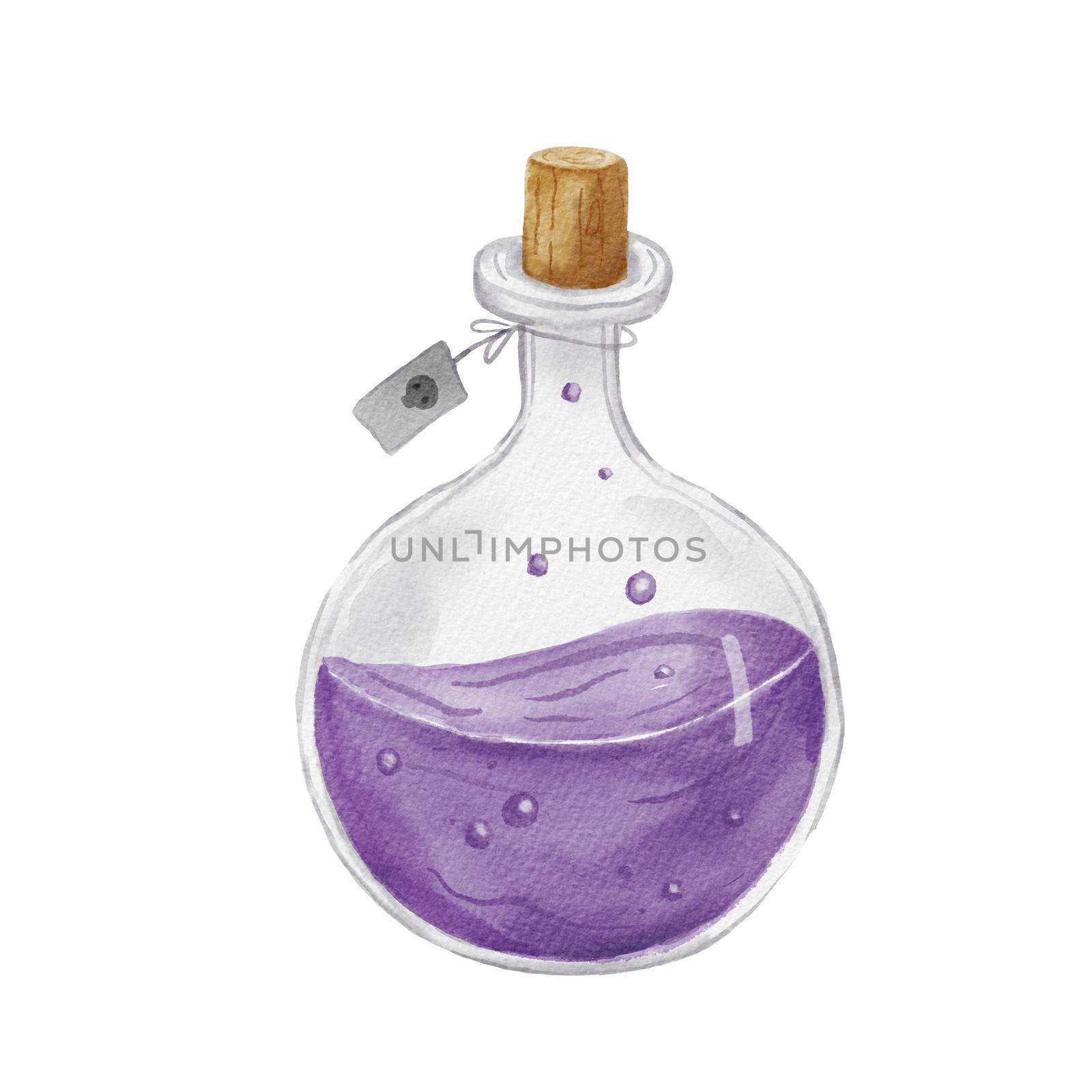 Watercolor magic flask with purple poison potion. Illustration for Halloween