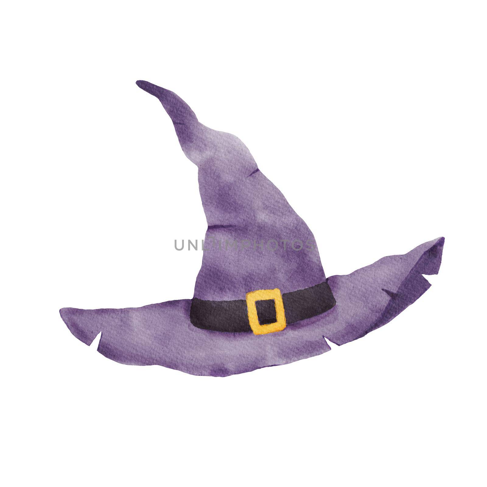 Witch's hat for halloween. Watercolor clipart isolated on white background.