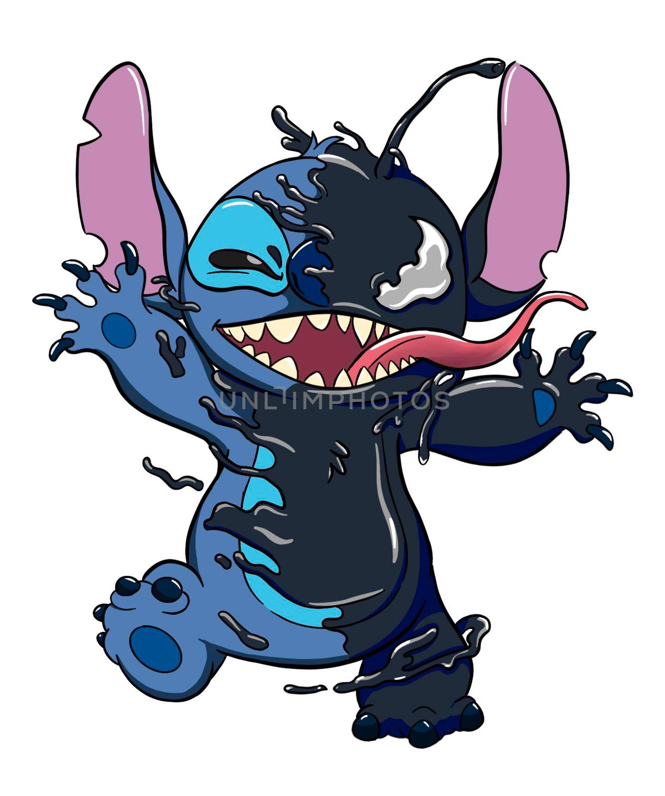 cartoon color drawing of stitch angry cute with venom art illustration. genetic experiment alien blue-blue color