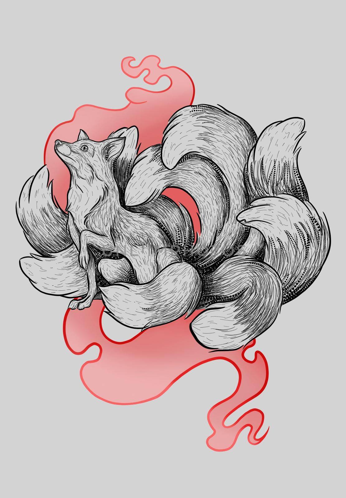 Nine-tailed fluffy fox in the style of graphics on a pink background. High quality photo