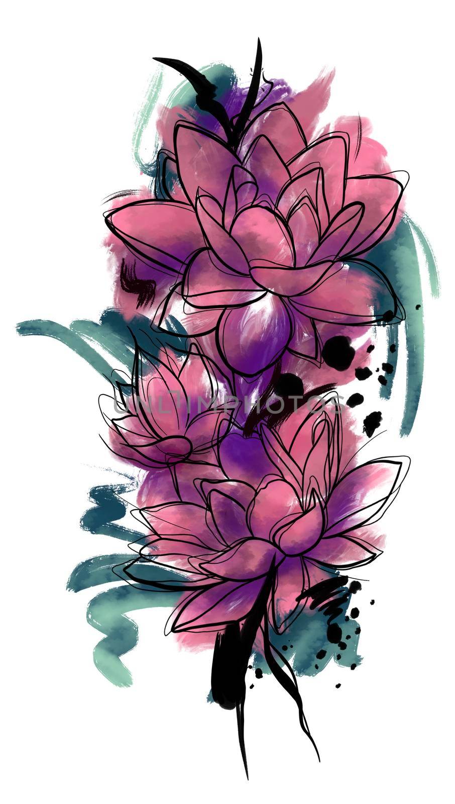 illustration of bright flowers with black outline in a watercolor style by kr0k0