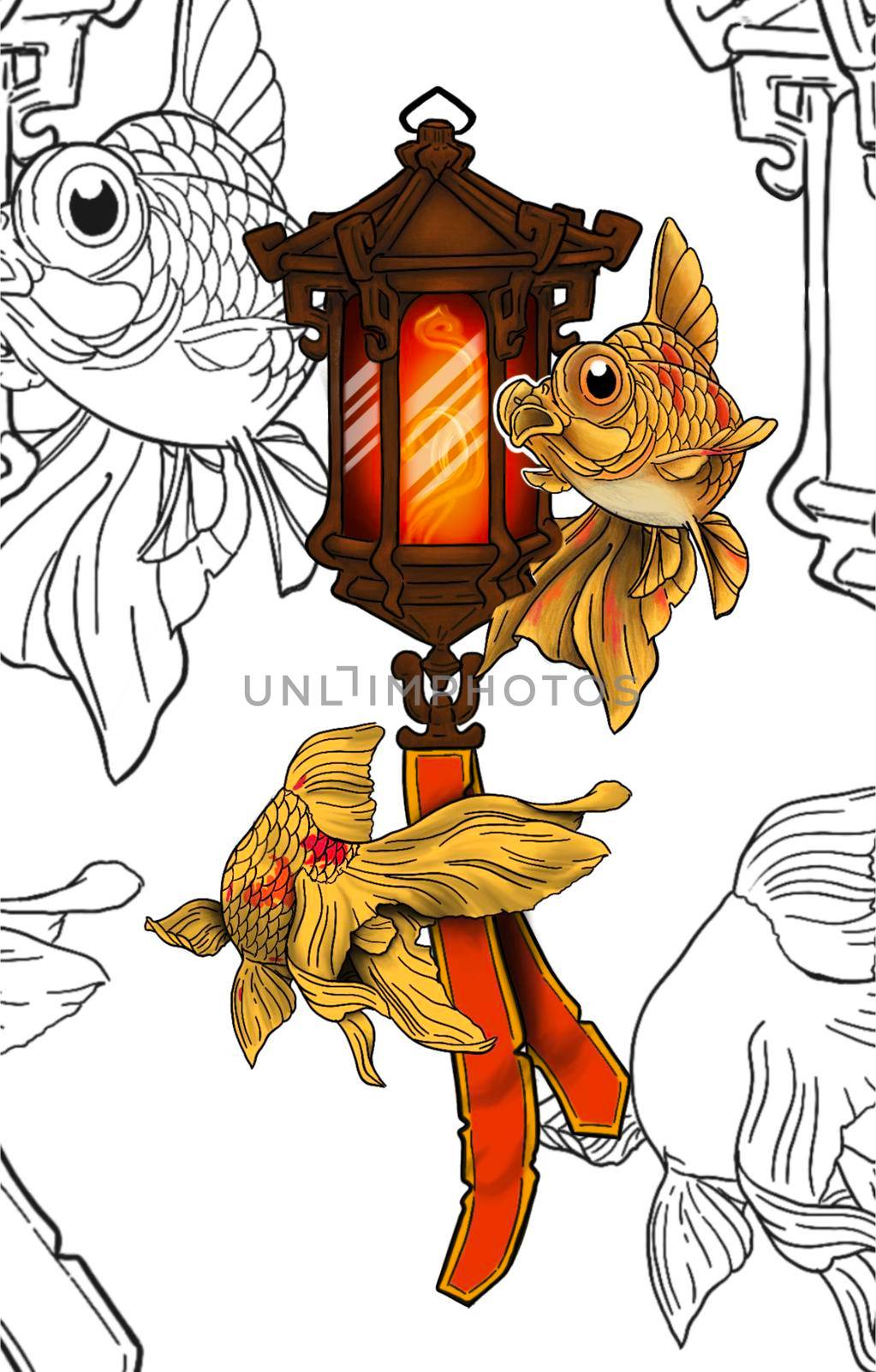 sketch fantastic goldfish fancy lantern line circuit background