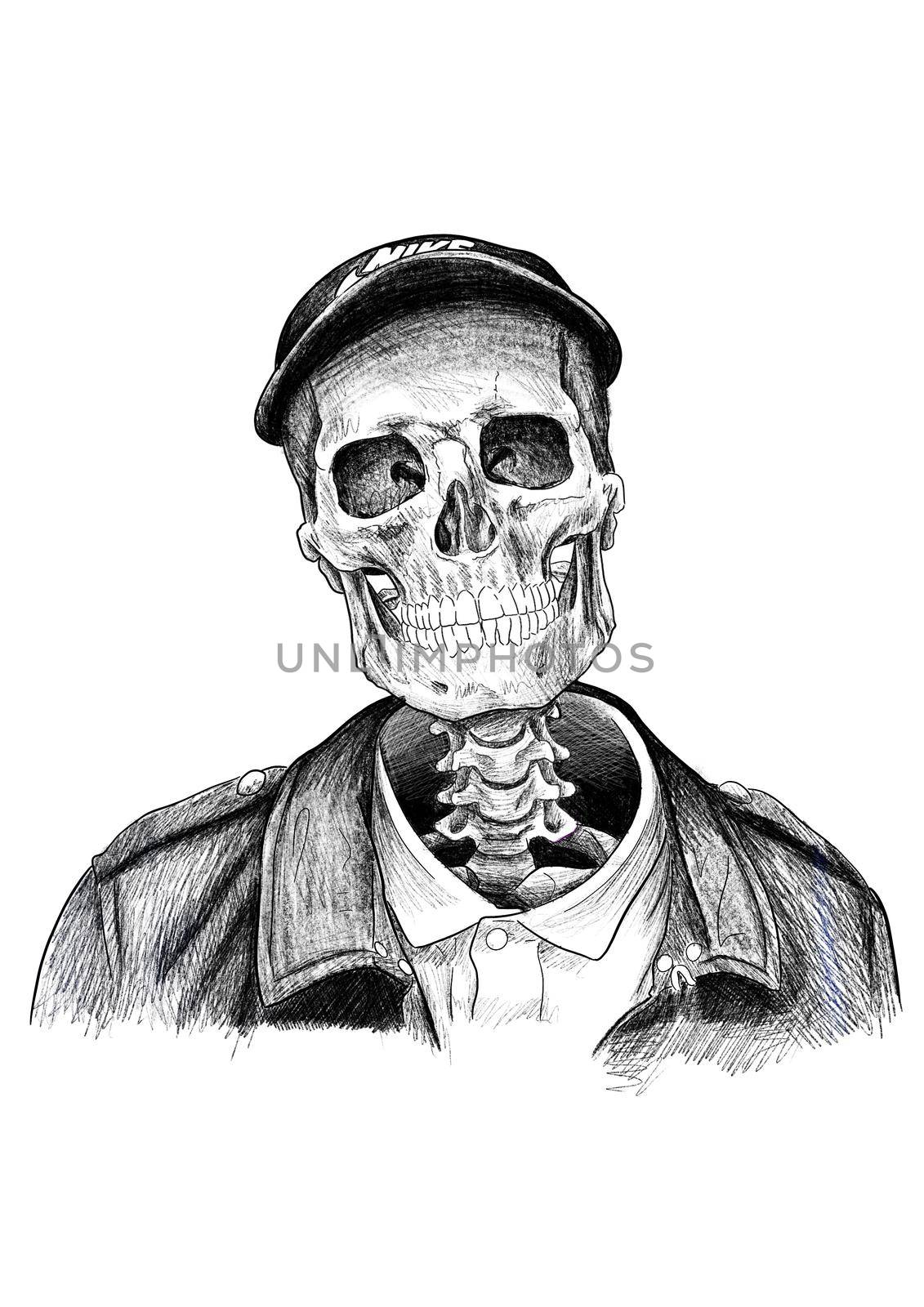 black and white drawing of a skull with shadows. High quality photo
