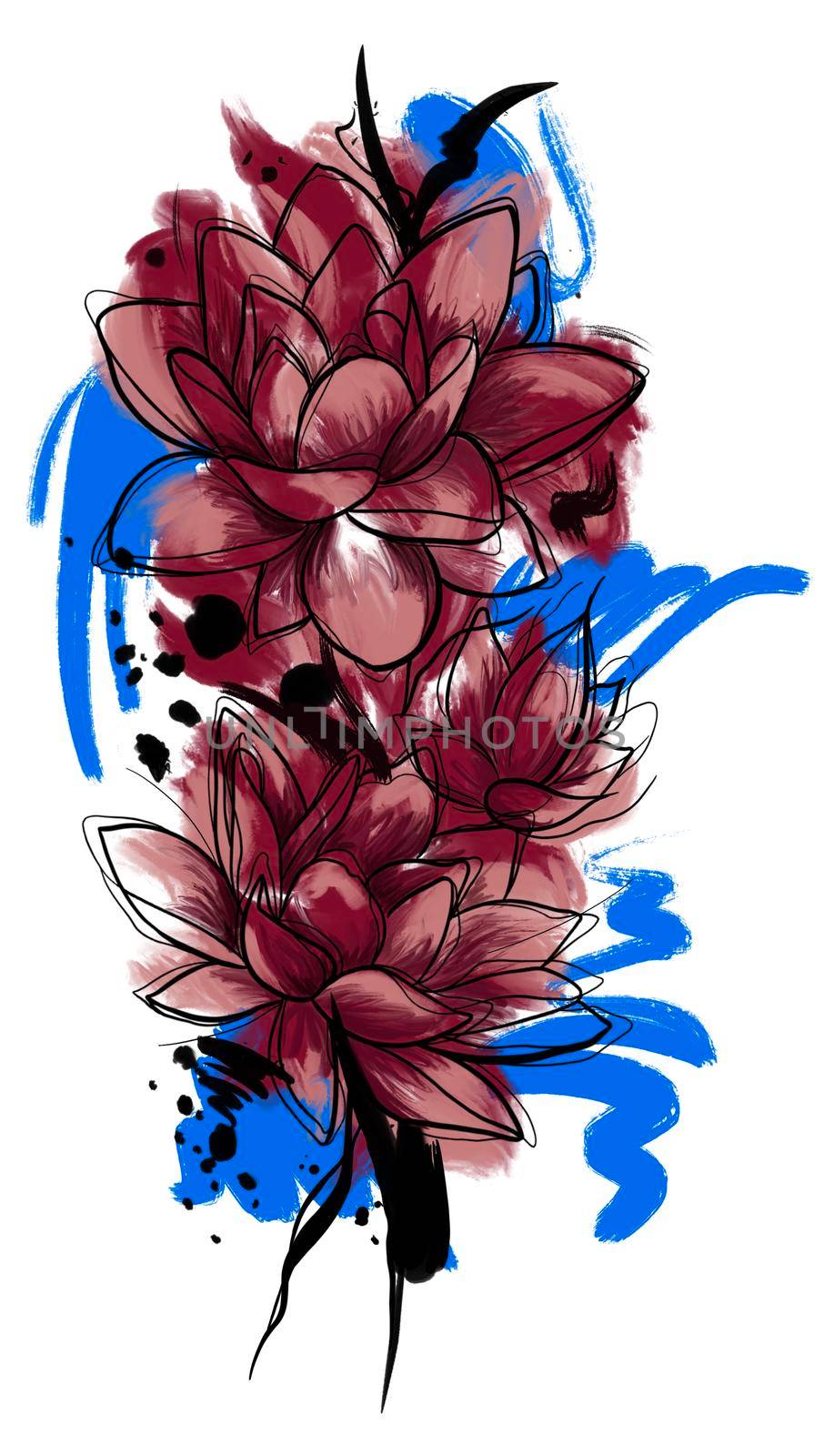 illustration of bright flowers with black outline in a watercolor style. Roses sunflowers lotuses