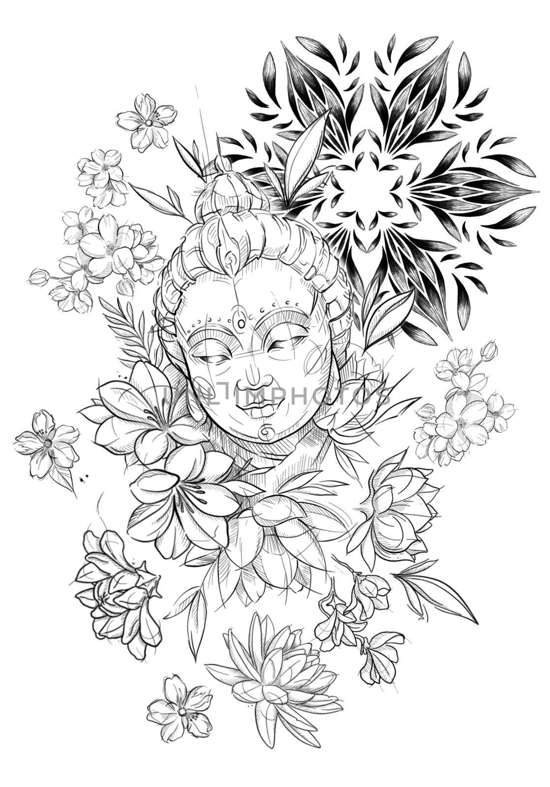 many different colors buddha sketch for tattoo in graphics. High quality photo