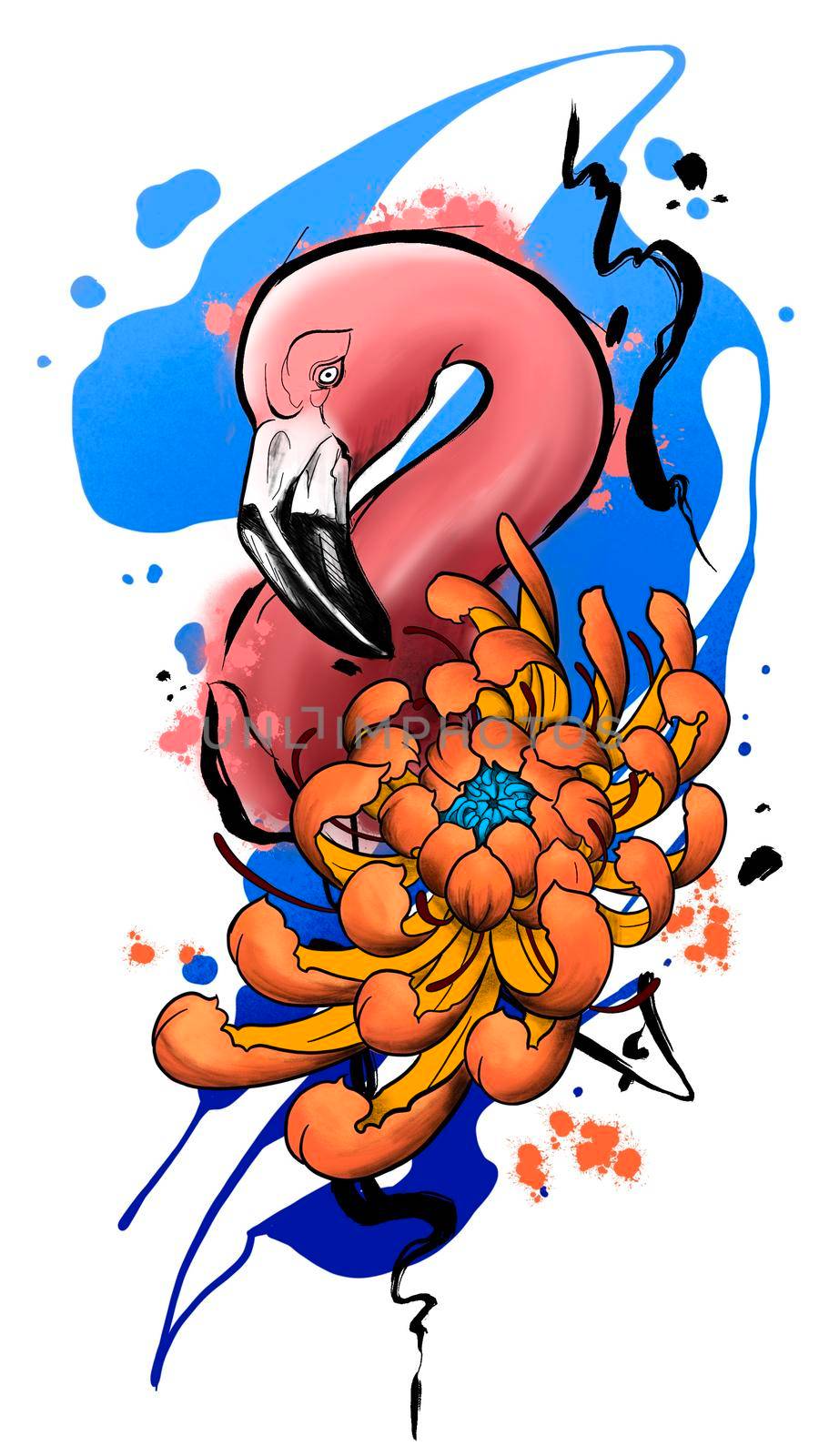 Pink flamingo with orange peony sketch on a blue background by kr0k0