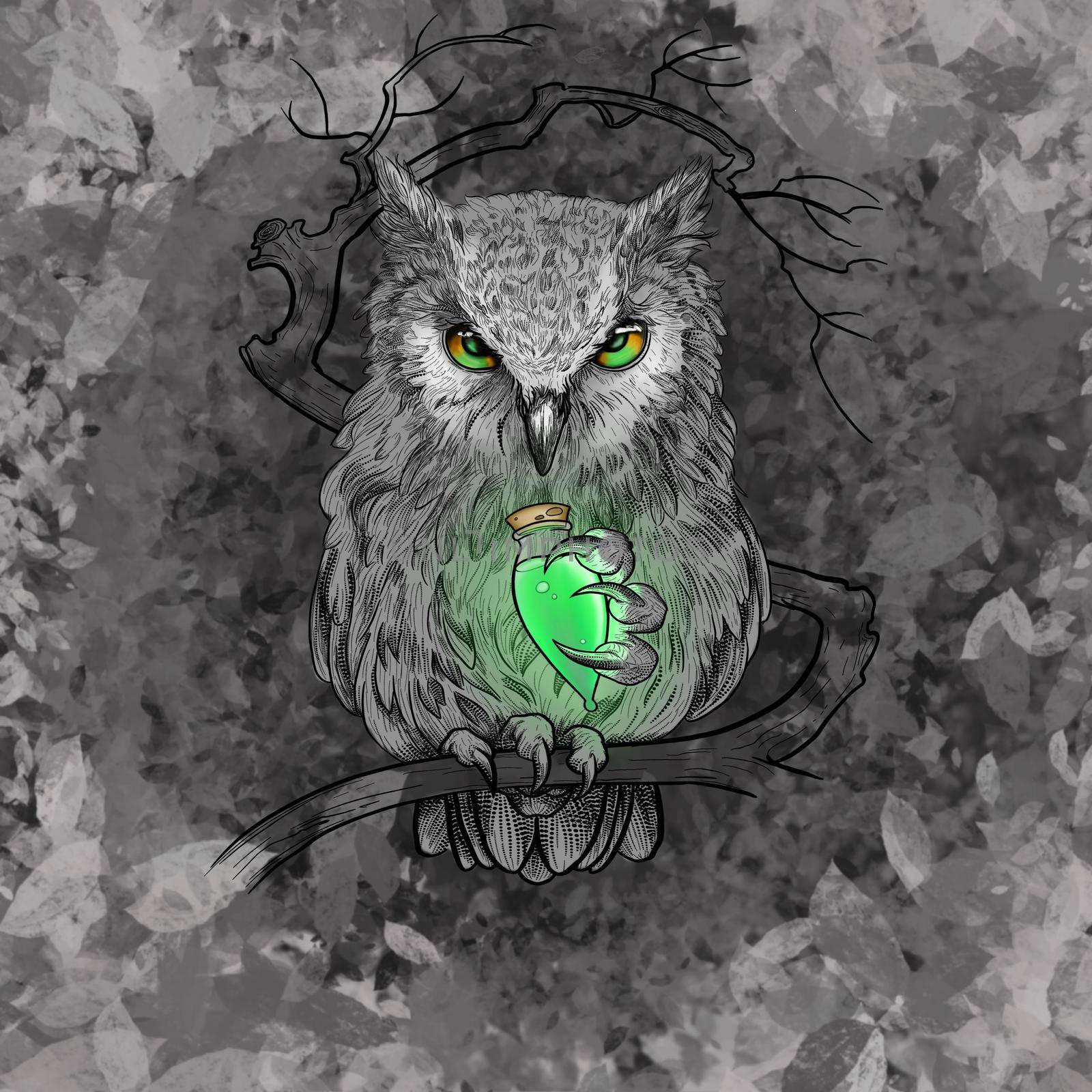 menacing owl with a glowing potion in its paw in black and white style by kr0k0