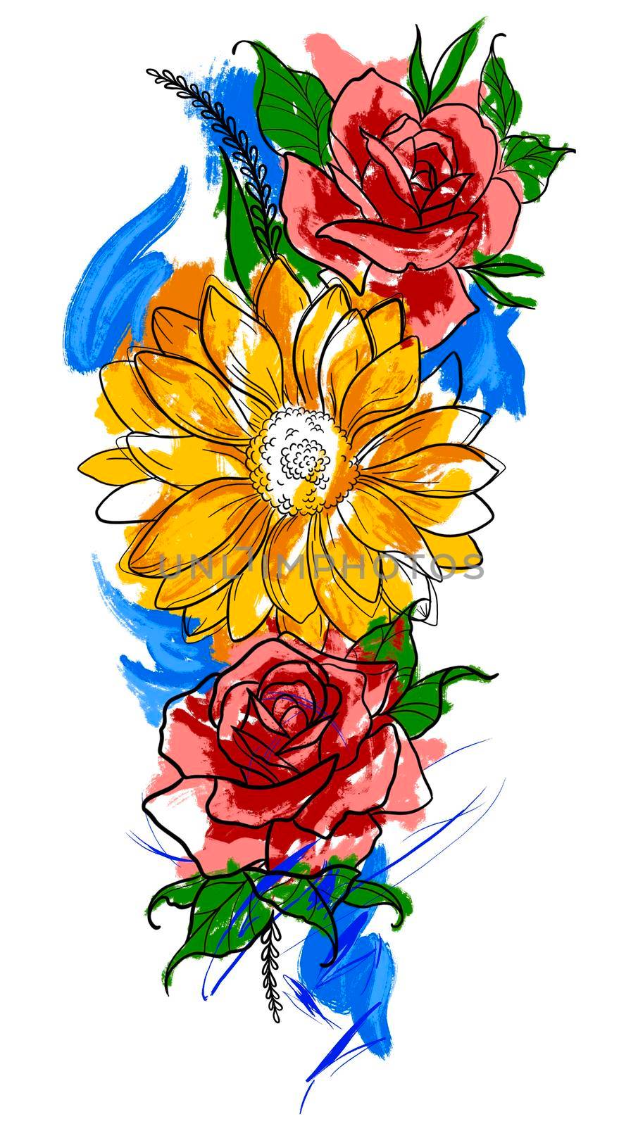 illustration of bright flowers with black outline in a watercolor style. Roses sunflowers lotuses