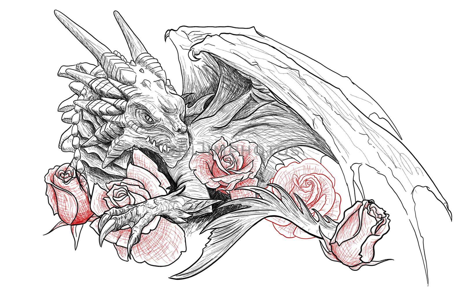 art dragon outline in graphic style with red flowers by kr0k0