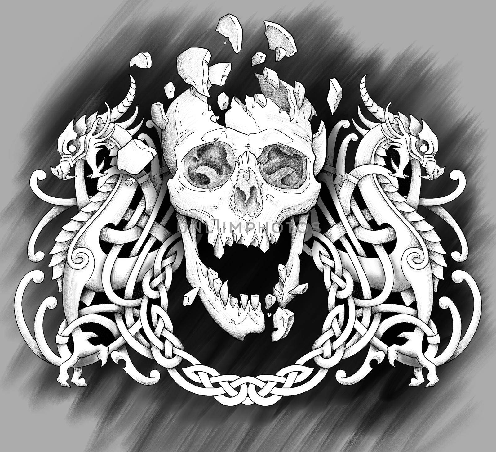 black and white drawing of a skull with shadows by kr0k0