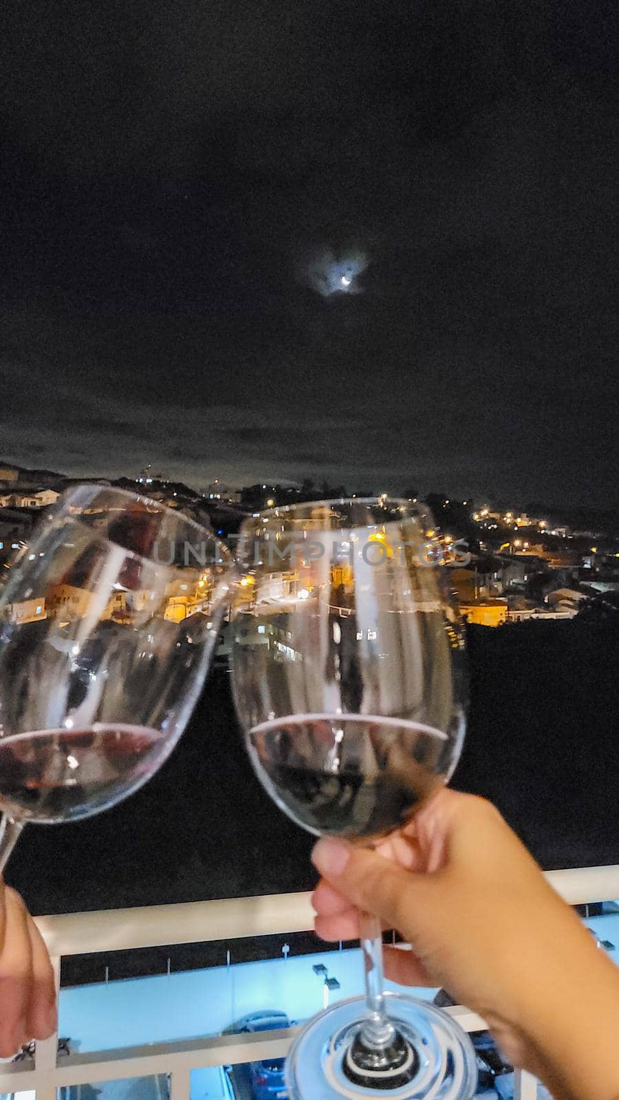 toast with glasses of wine with a view from the top of an apartment by sarsa
