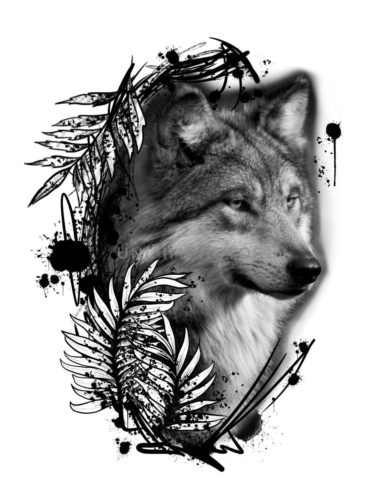 Black and white sketch for tattoo wolf with leaves art