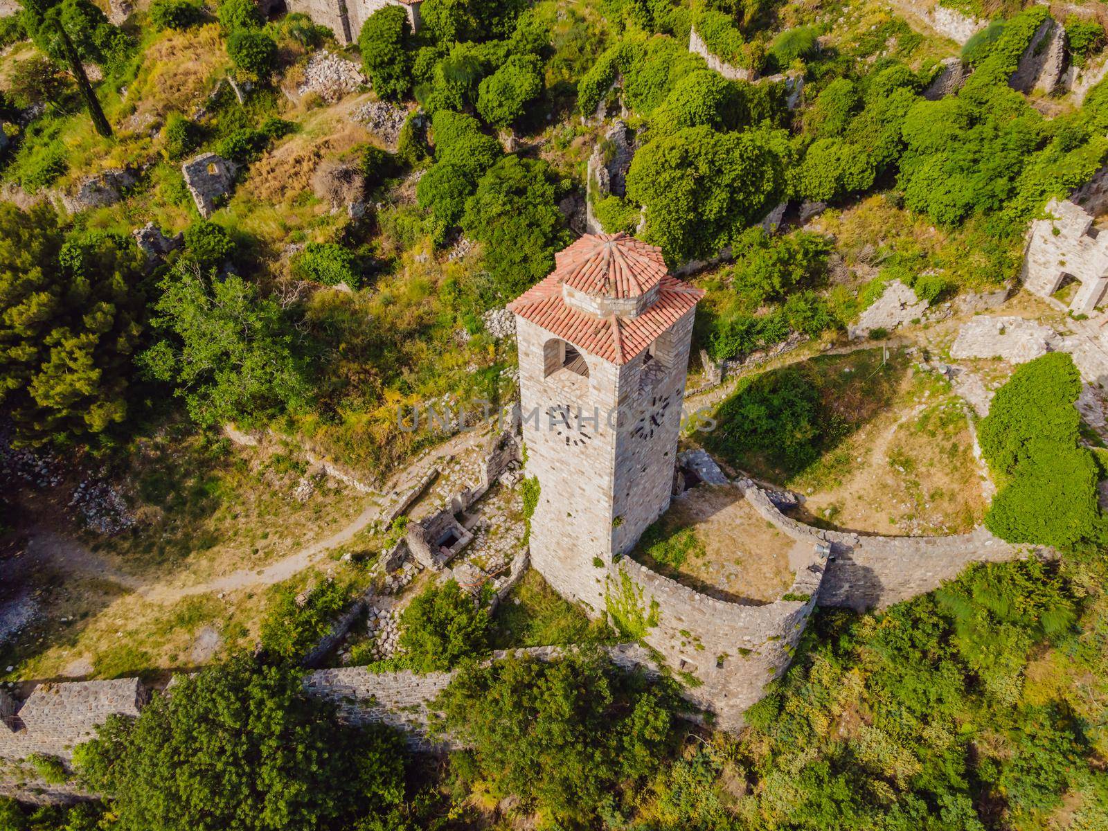 Old city Sunny view of ruins of citadel in Stari Bar town near Bar city, Montenegro. Drone view.