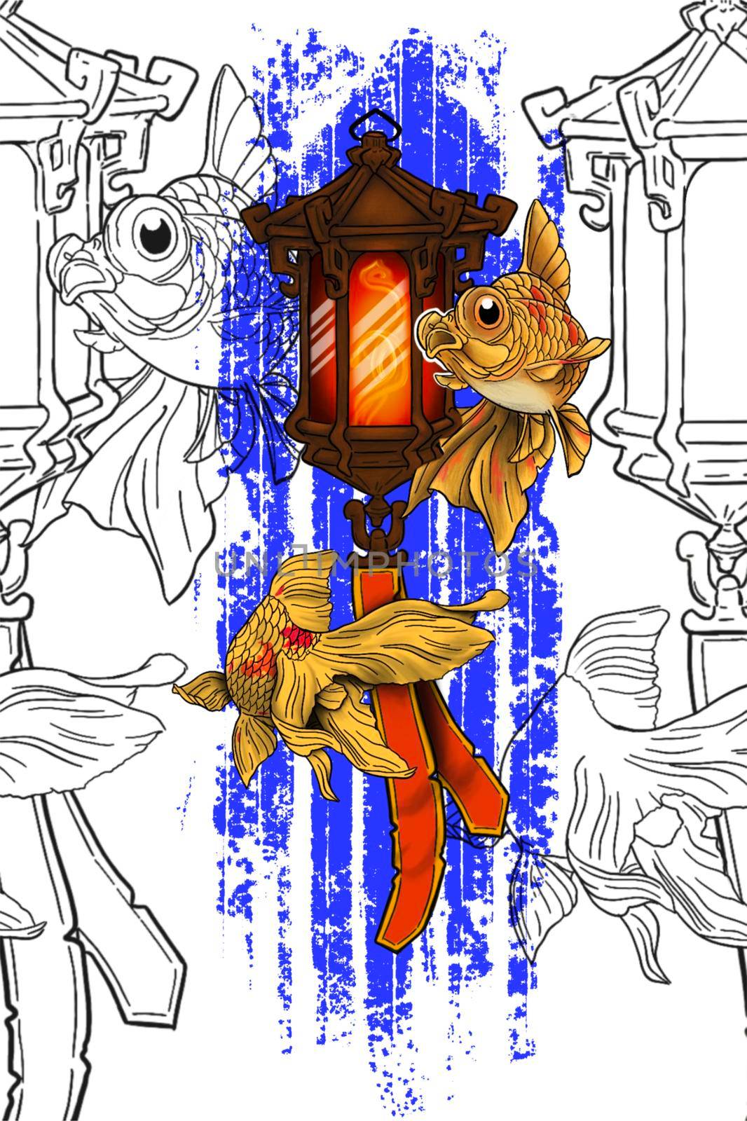 sketch fantastic goldfish fancy lantern line circuit background