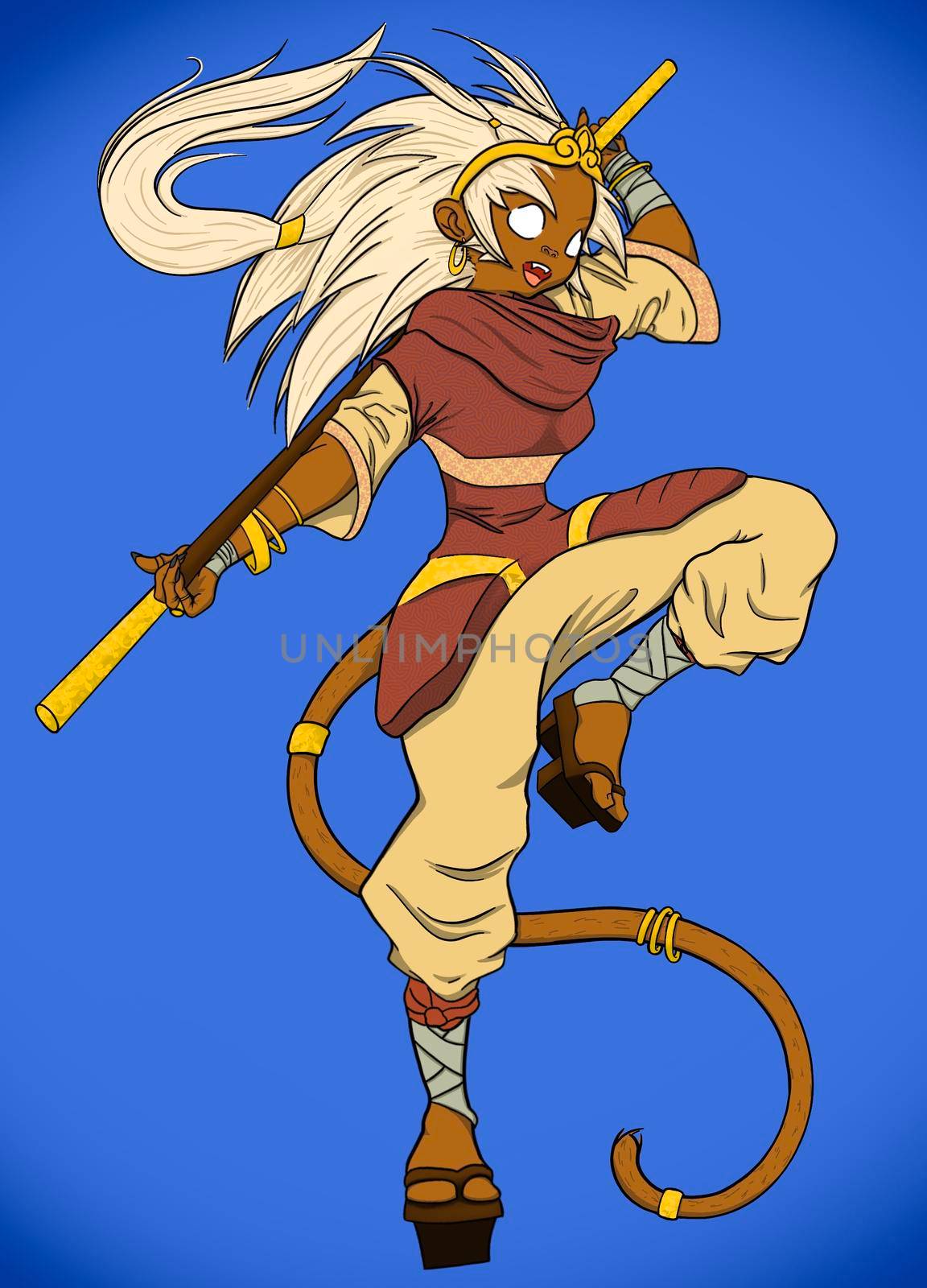 The king of monkeys in female form with a golden staff 2D illustration