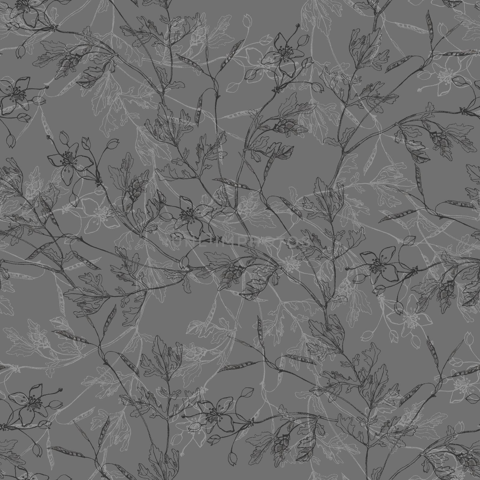 Celandine leaves hand drawn botanical seamless pattern grey by fireFLYart