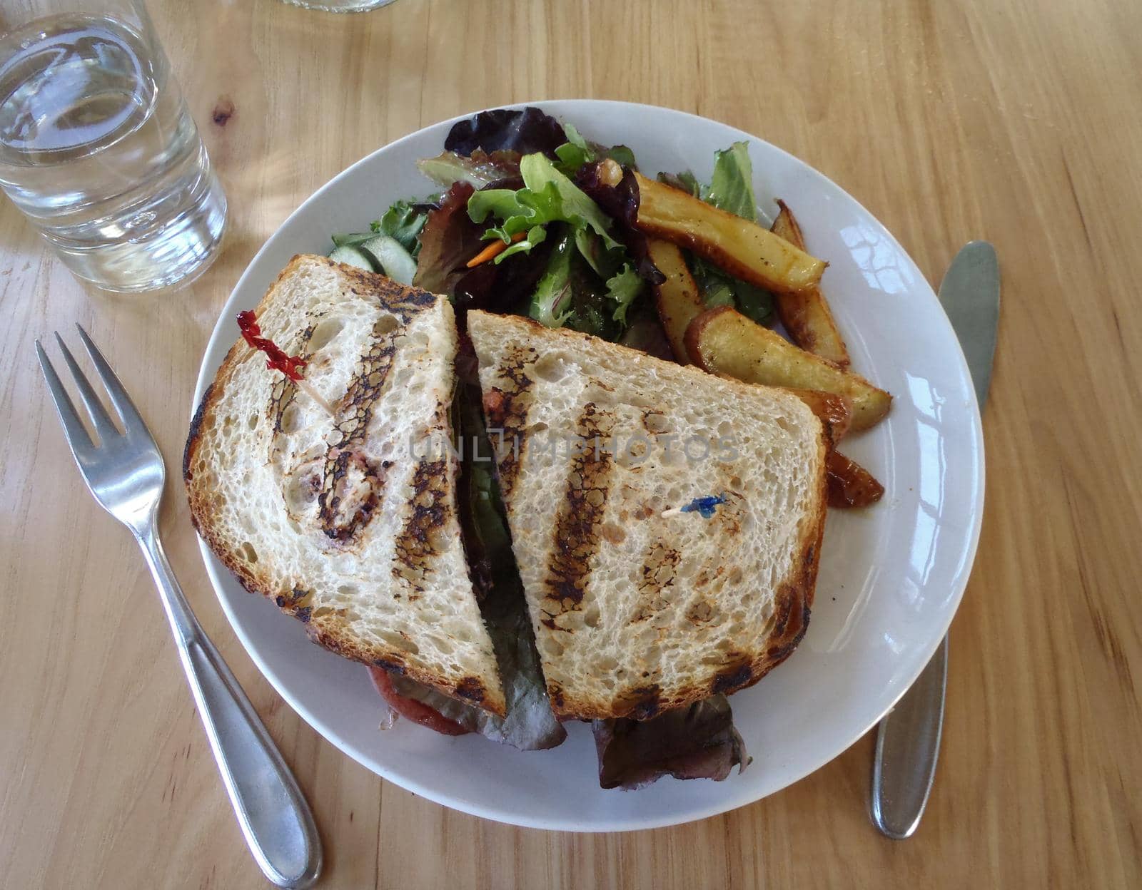 Overhead of Fancy Veggie Sandwich with side salad, fries, and glass of water.