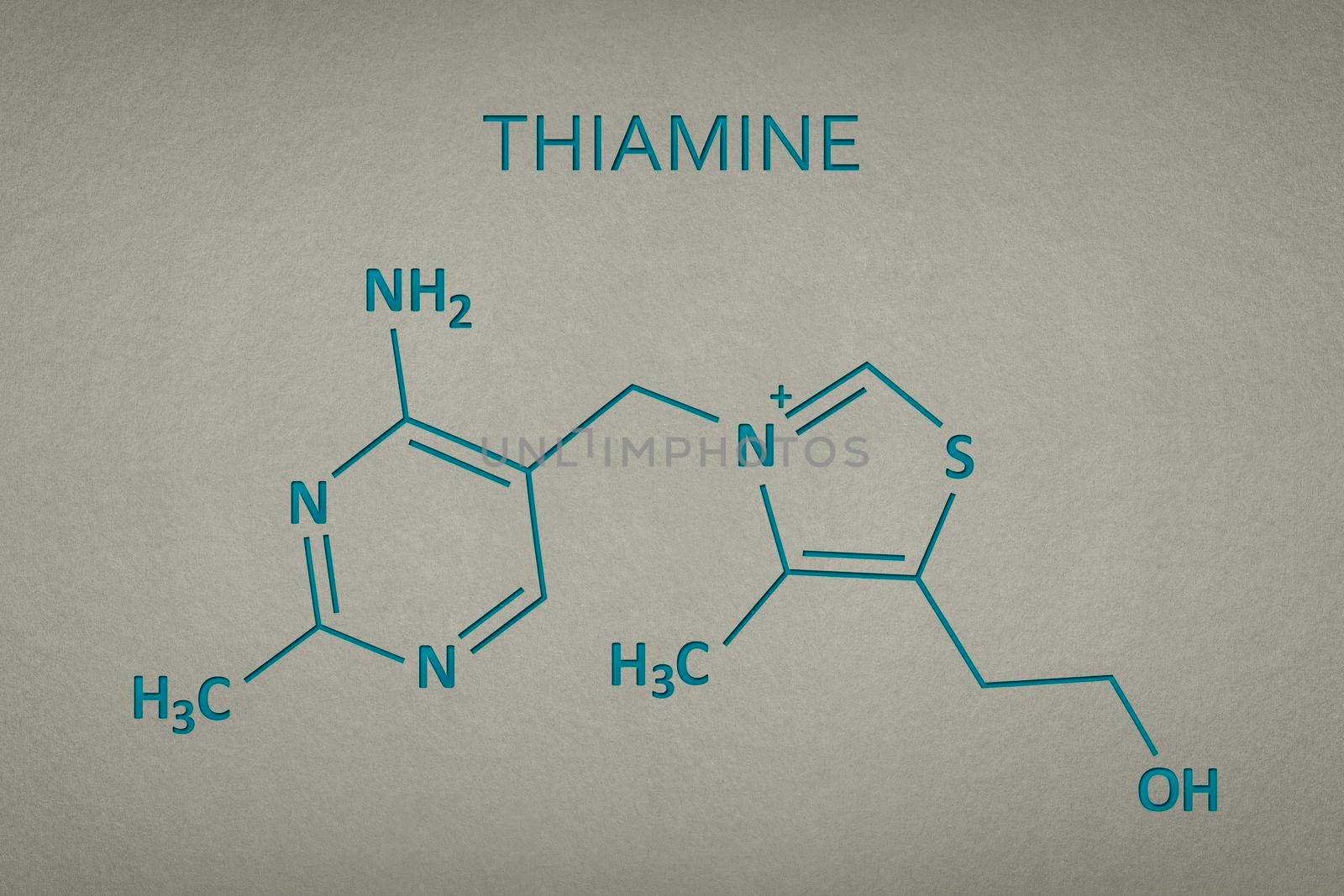 Vitamin B1. Thiamine molecule on paper texture background. Skeletal formula of vitamin b1. Recessed text in green and yellow by SERSOL