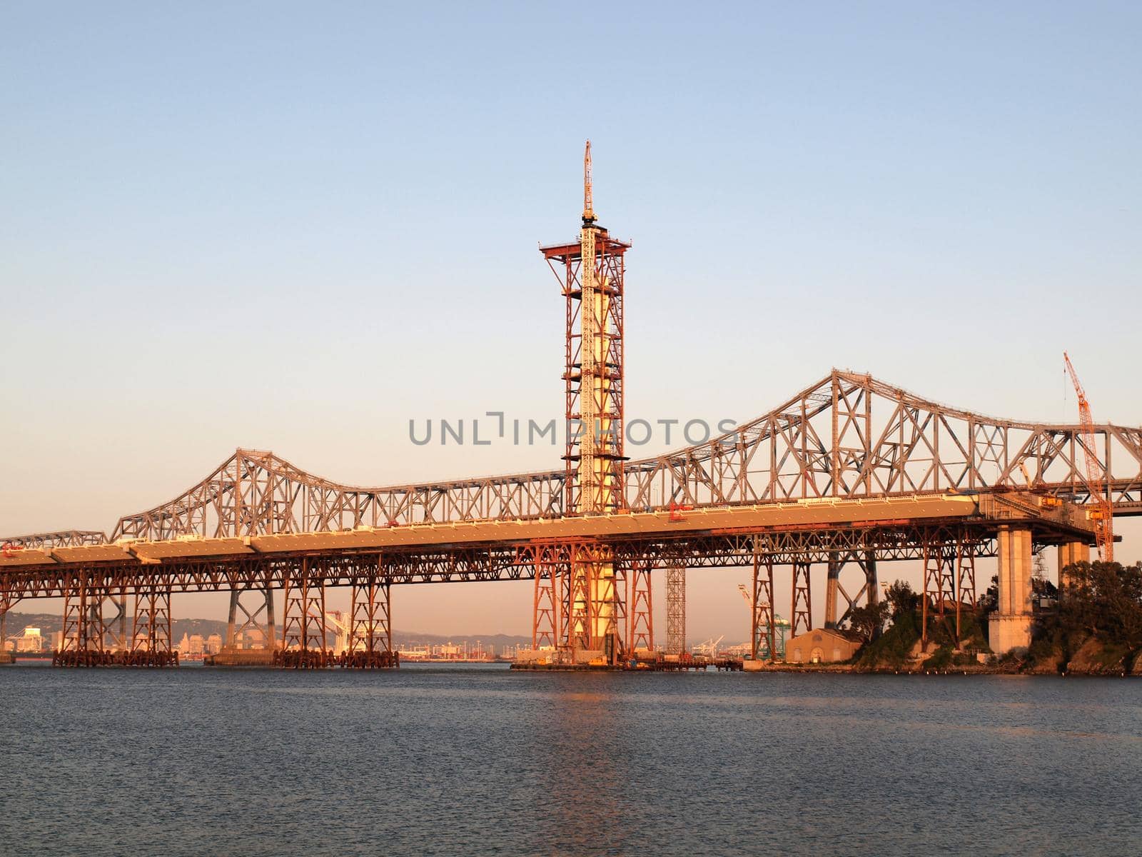 Half finished new Bay Bridge tower at dusk near San Francisco, California