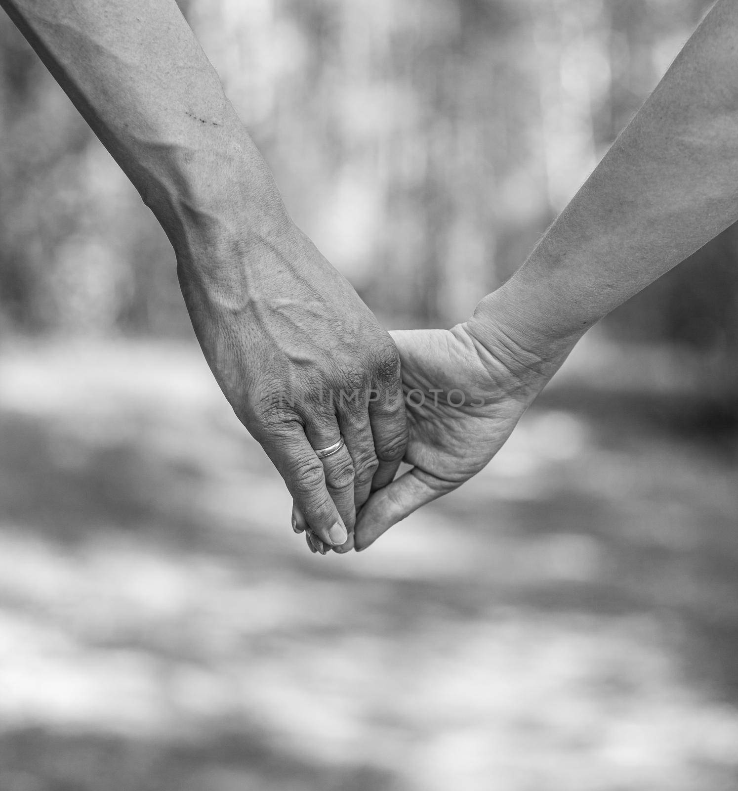 The husband's hand firmly holds the wife's hand close-up. Loving couple walking and holding hands. Reliable and strong marriage. The concept of romance, fidelity in marriage and love. Black and white