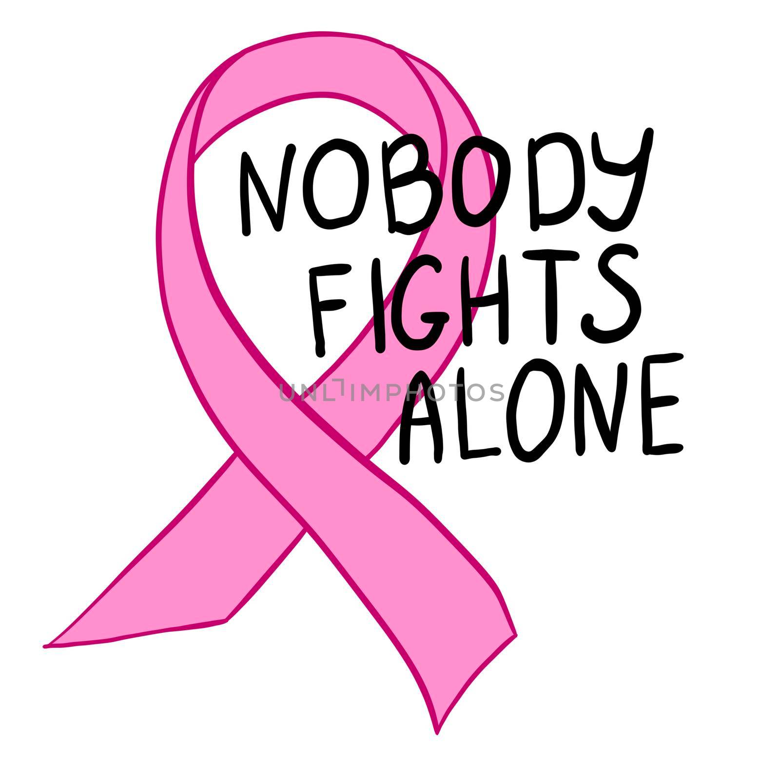 Nobody fights alone. Breast cancer awareness month hand drawn illustration in black and pink. Disease illness ribbon for health protection, medical prevention concept. Women's healthcare design