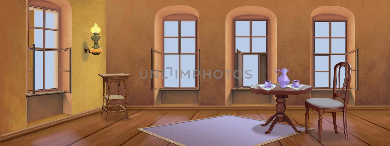 Room interior in retro style. Digital Painting Background, Illustration.