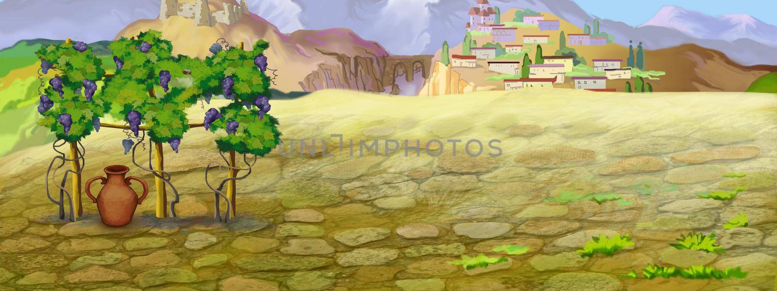 Georgian landscape in Pirosmani style. Digital Painting Background, Illustration.