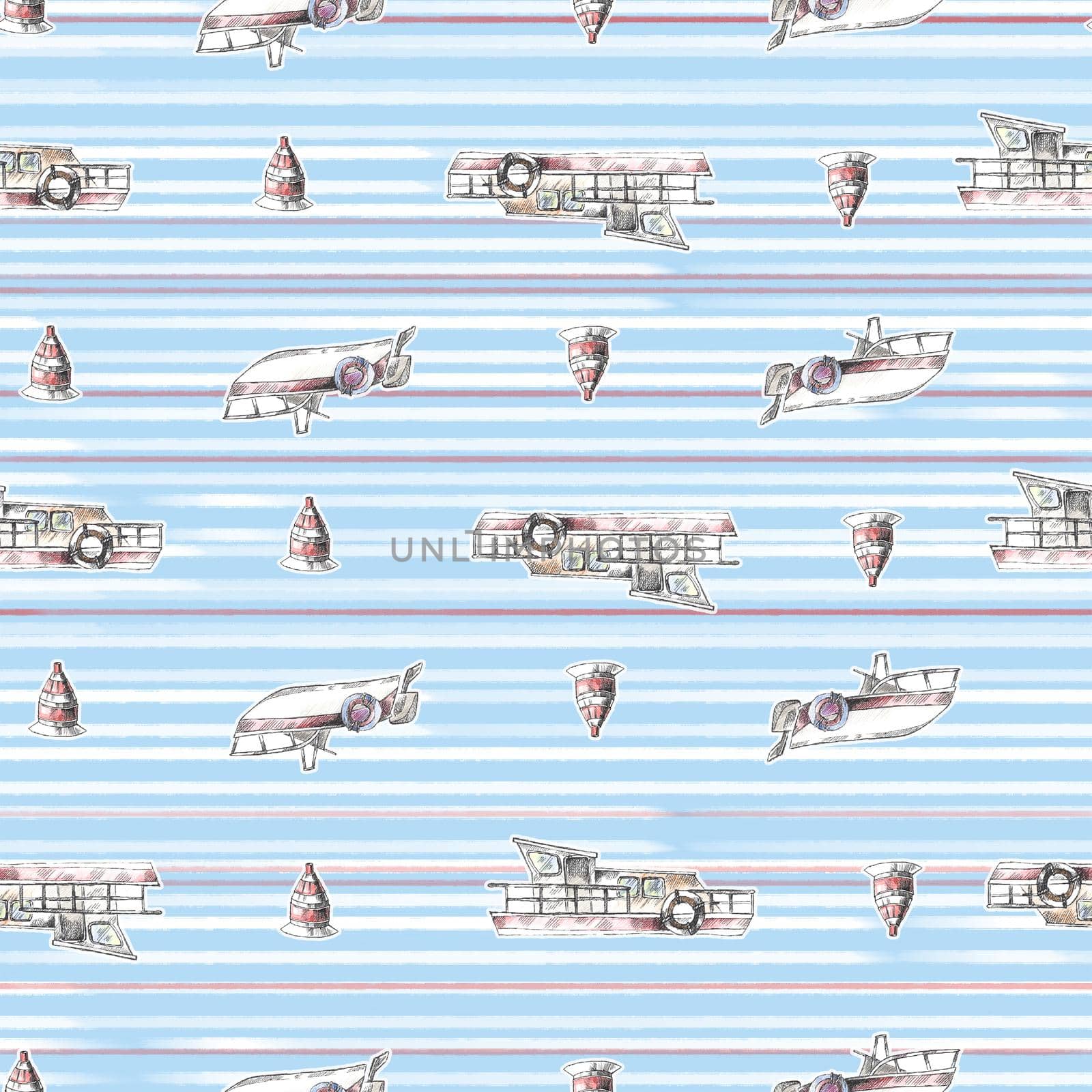 Blue stripe with hand drawn sailboats seamless pattern nautical mood ,Design for fashion , fabric, textile, wallpaper, cover, web , wrapping and all prints